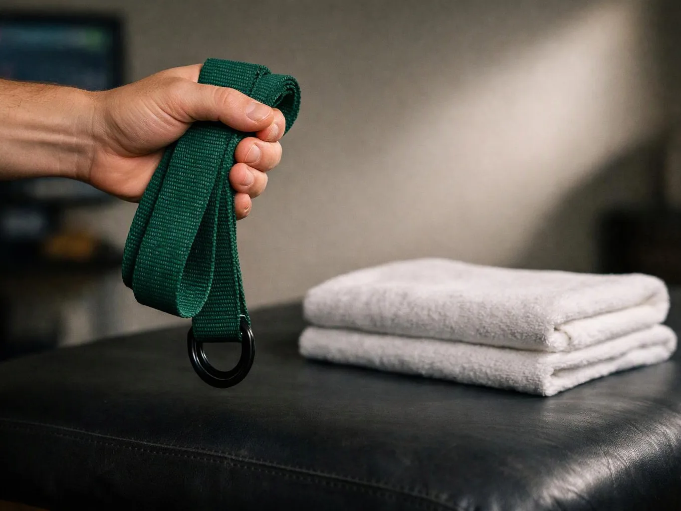 A hand holds a green strap with a metal ring above two folded white towels on a bench