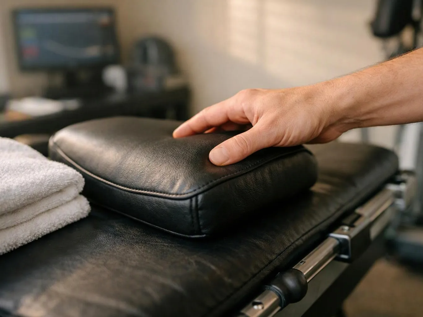 A hand presses a black leather cushion on a treatment table beside folded white towels
