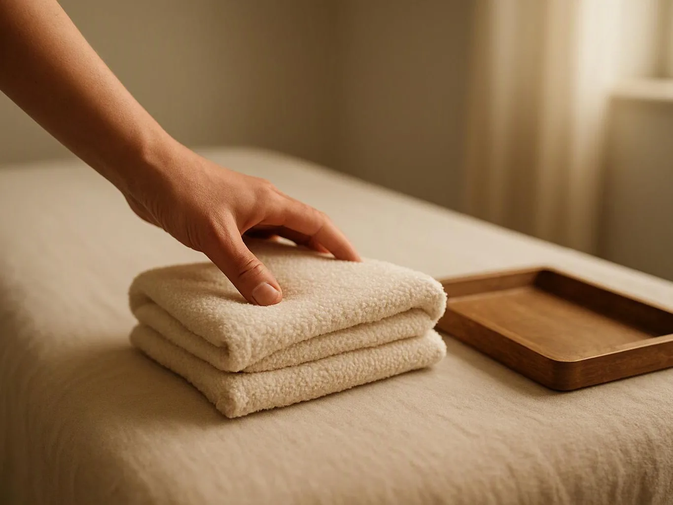 A hand reaches toward folded cream towels beside a wooden tray on a neatly made bed