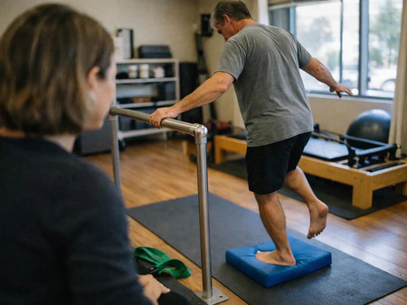 A man balances on one foot on a blue foam pad while holding a metal barre in a gym room