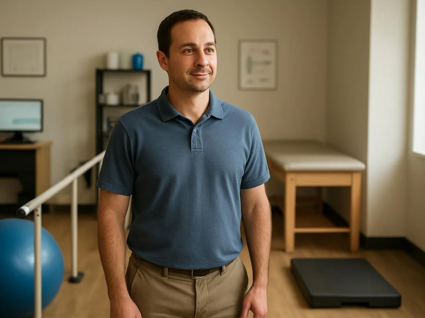 A man in a blue polo stands in a physical therapy room with exercise equipment and a treatment table