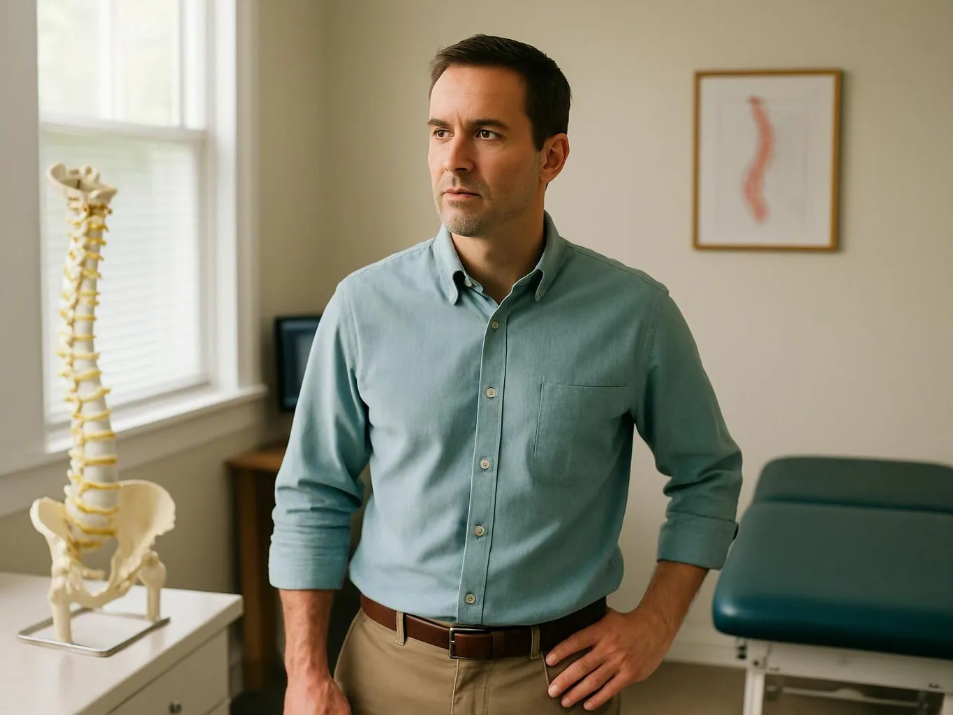 A man in a clinic stands beside a spine model, with an exam table and wall art behind him
