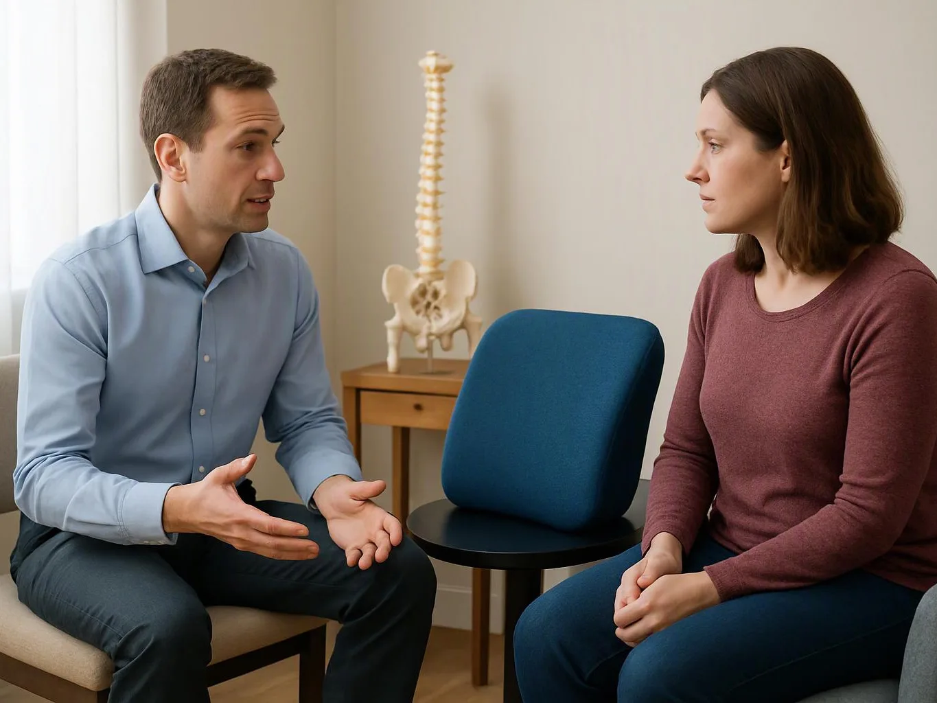 A man gestures while talking to a seated woman in a clinic room with a spine model behind them