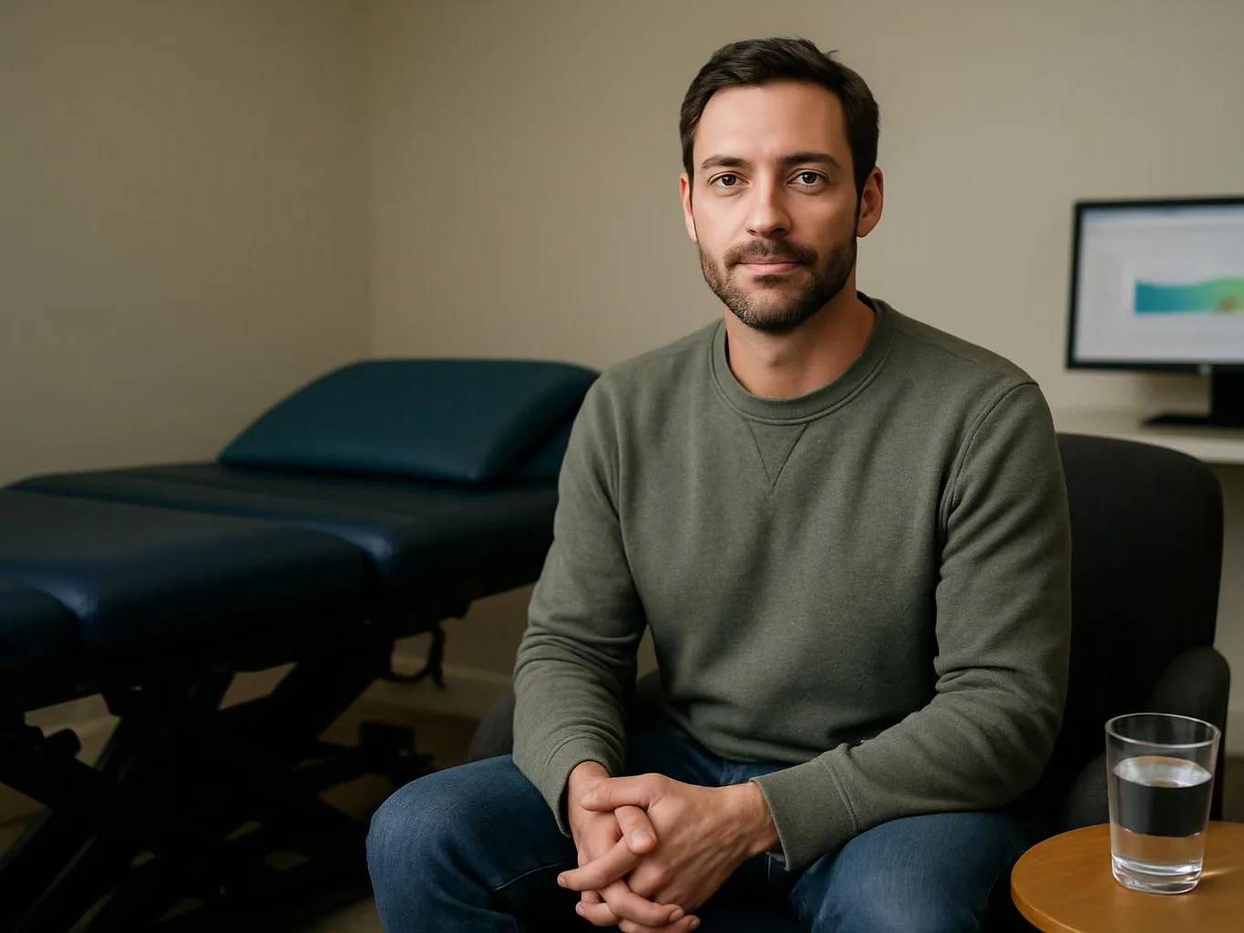 A man sits in a chair in a plain exam room beside a treatment table and a glass of water