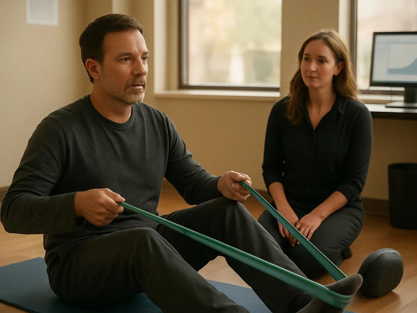 A man sits on a mat pulling a green exercise band while a woman watches in a bright room