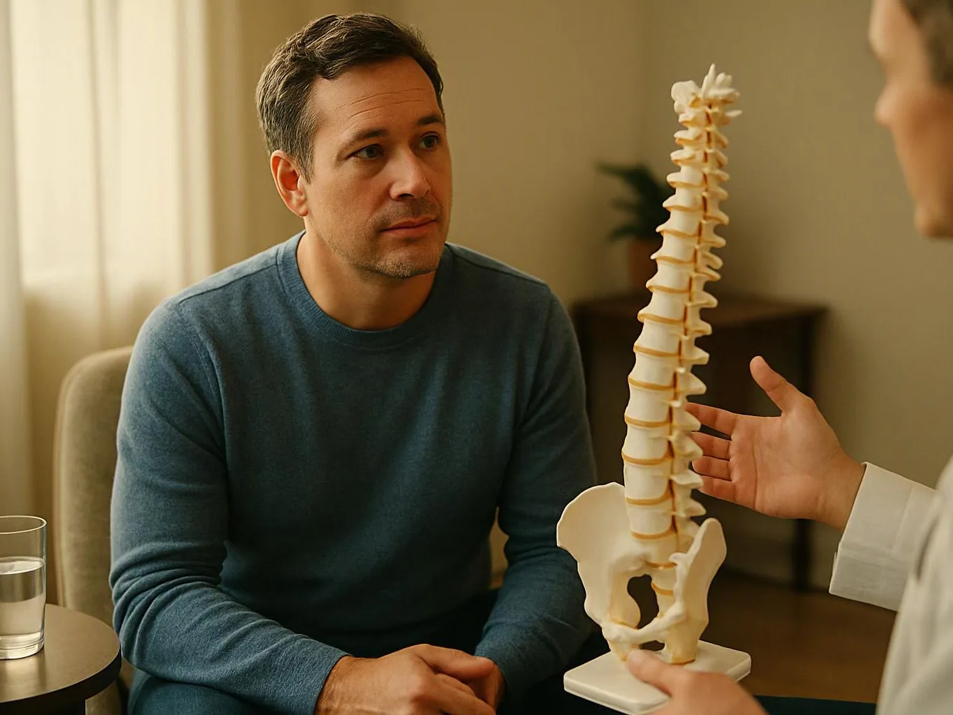 A man sits while a clinician gestures beside a spine model in a bright exam room