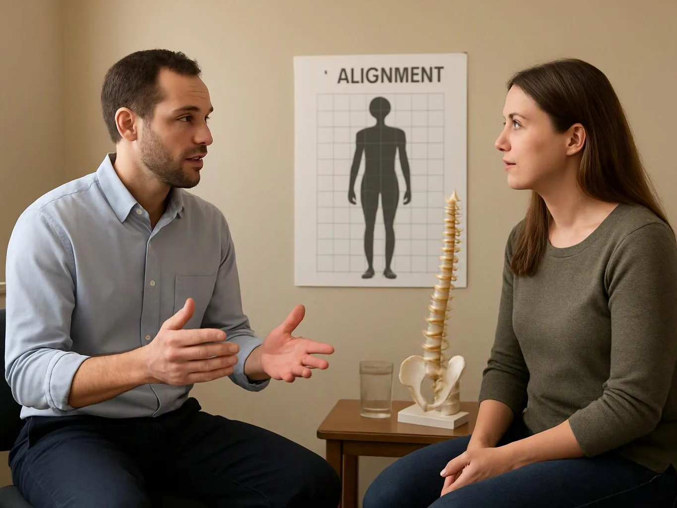A man speaks to a seated woman in a clinic room, with a spine model and an alignment poster behind them