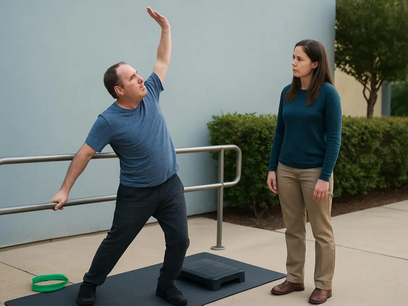 A man stretches beside a railing while a woman watches on a sidewalk near bushes and a wall