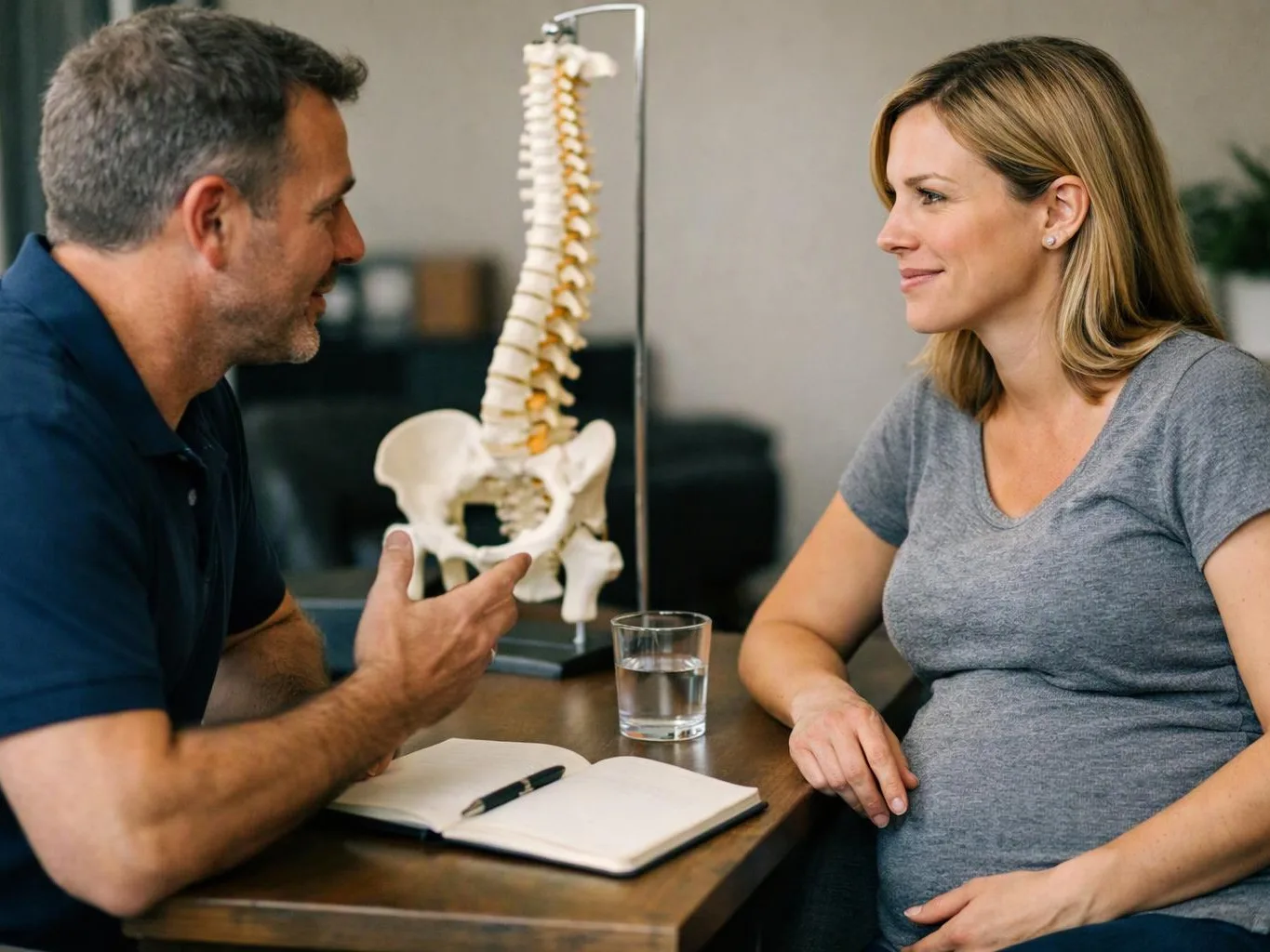 A man talks with a pregnant woman at a table, with a spine model and notebook between them