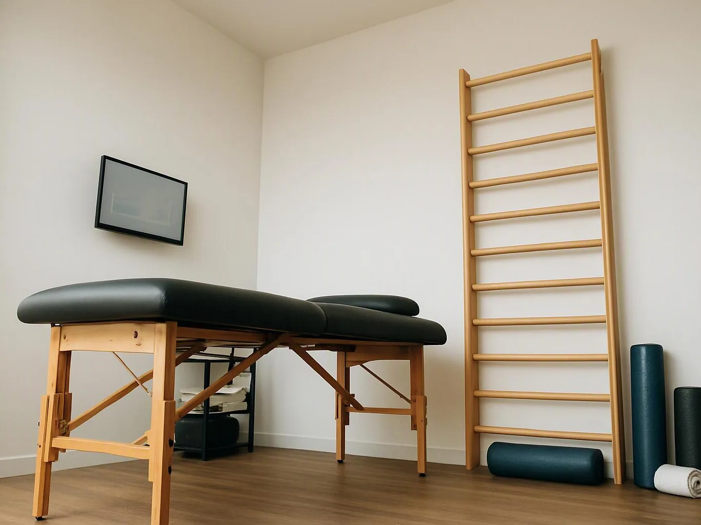 A massage table sits in a sparse treatment room beside wall bars and rolled exercise mats