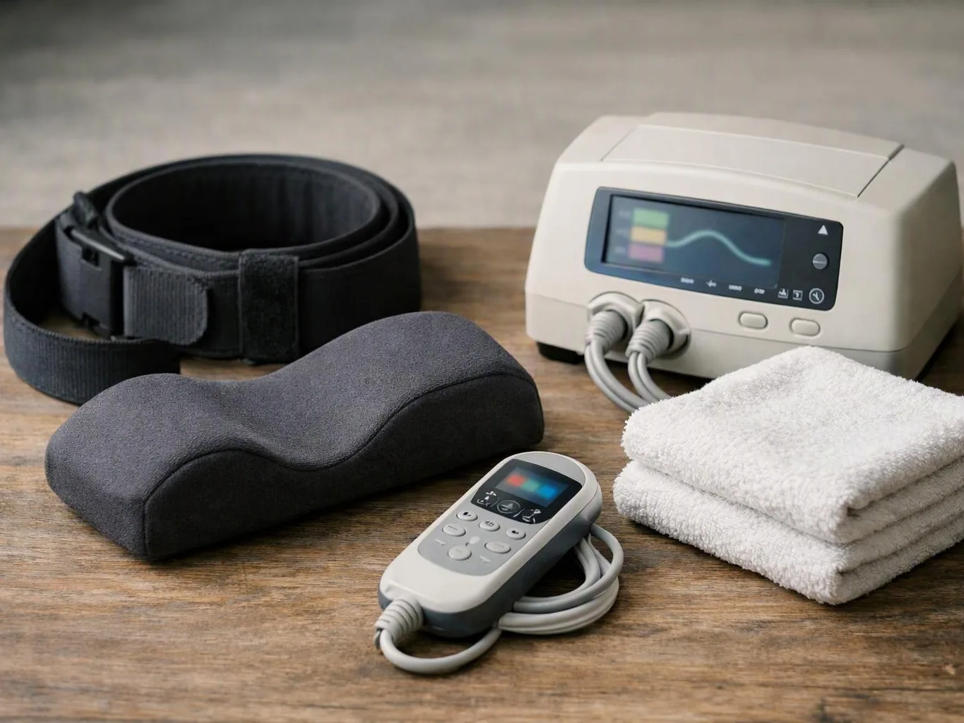 Massage therapy equipment sits on a wooden table, including a control unit, belt, pad, remote, and folded towels