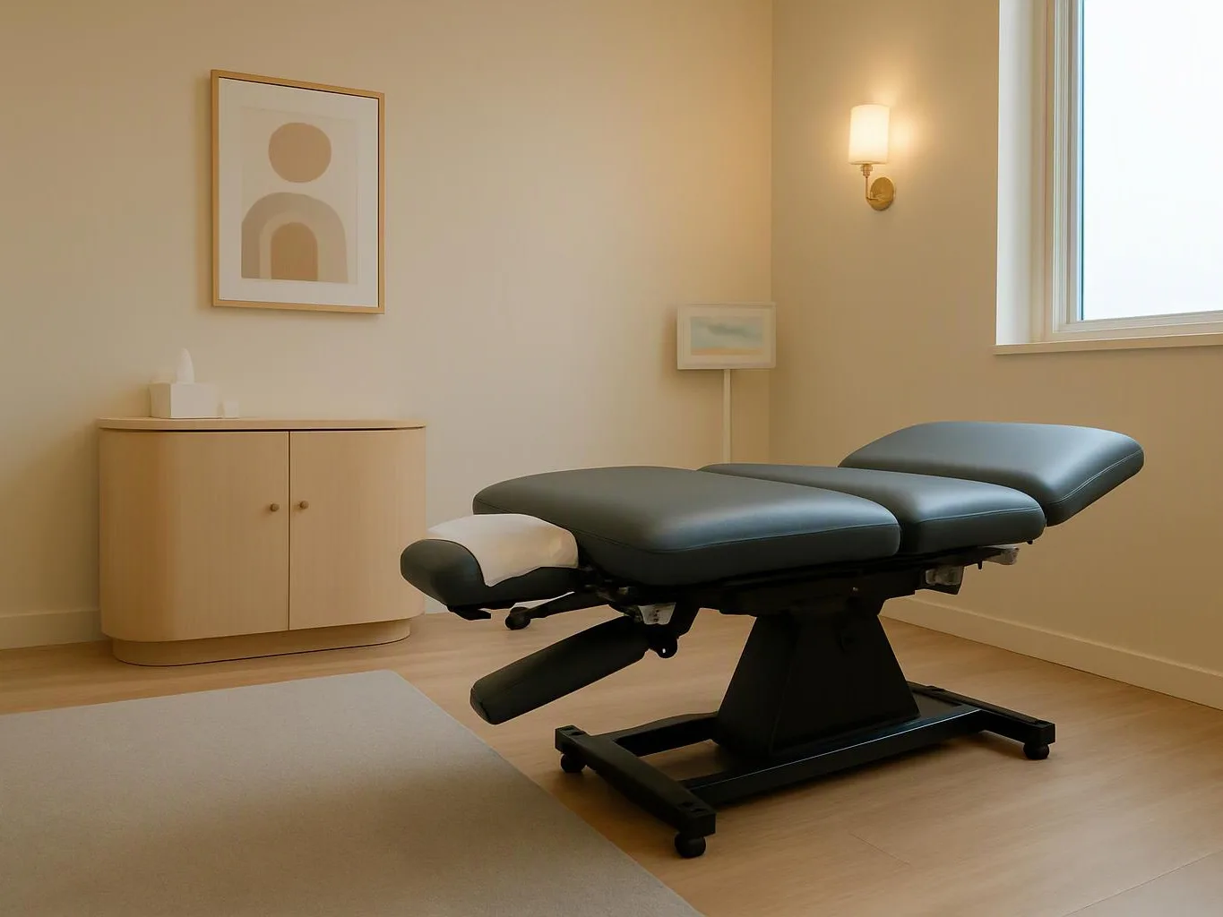 A minimalist treatment room with a black padded examination table, light wood cabinet, wall art, and a bright window