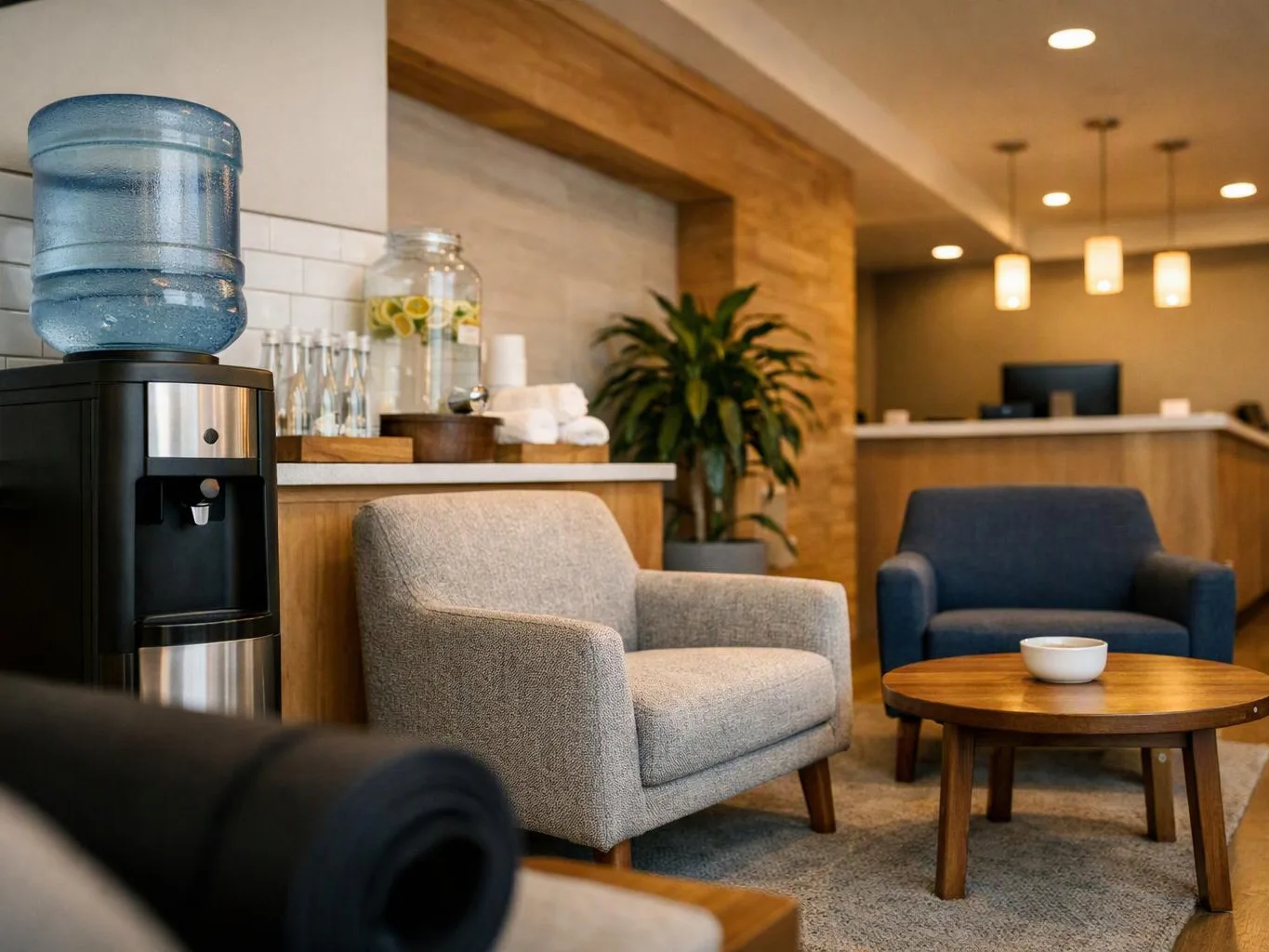 A modern lounge shows armchairs, a coffee table, a water cooler, and a reception counter with warm lighting