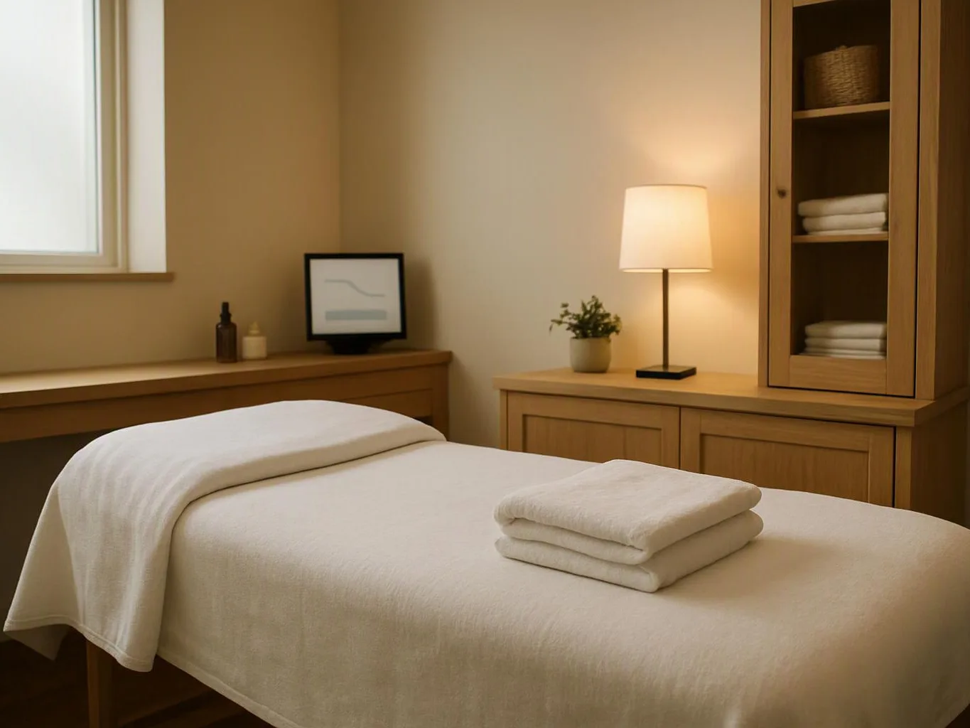 A neatly made massage table sits in a calm room with folded towels, a lamp, and wooden cabinets