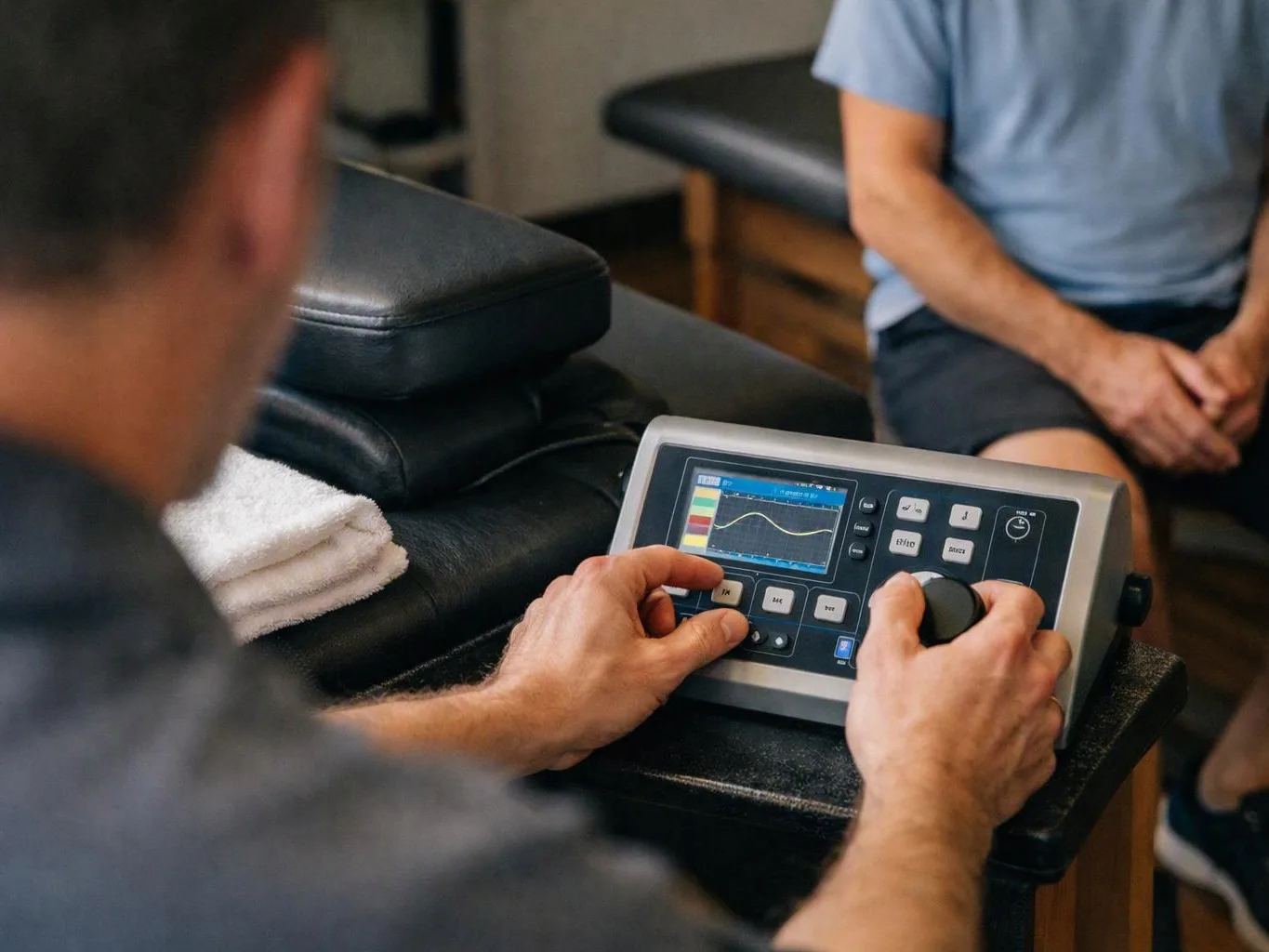 A person adjusts a therapy machine on a padded table while another sits nearby in a clinic room