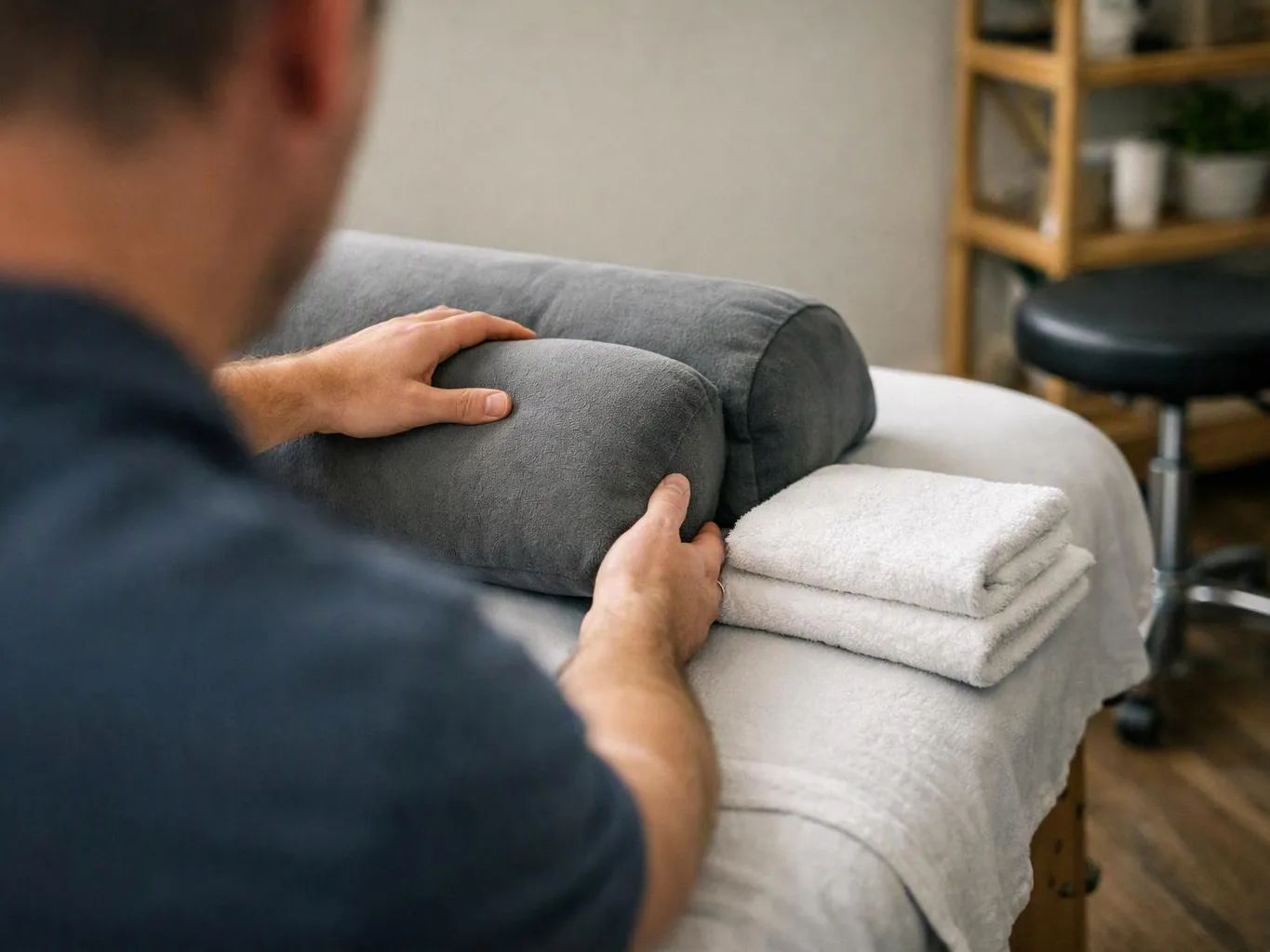A person arranges rolled gray towels on a treatment table in a tidy room