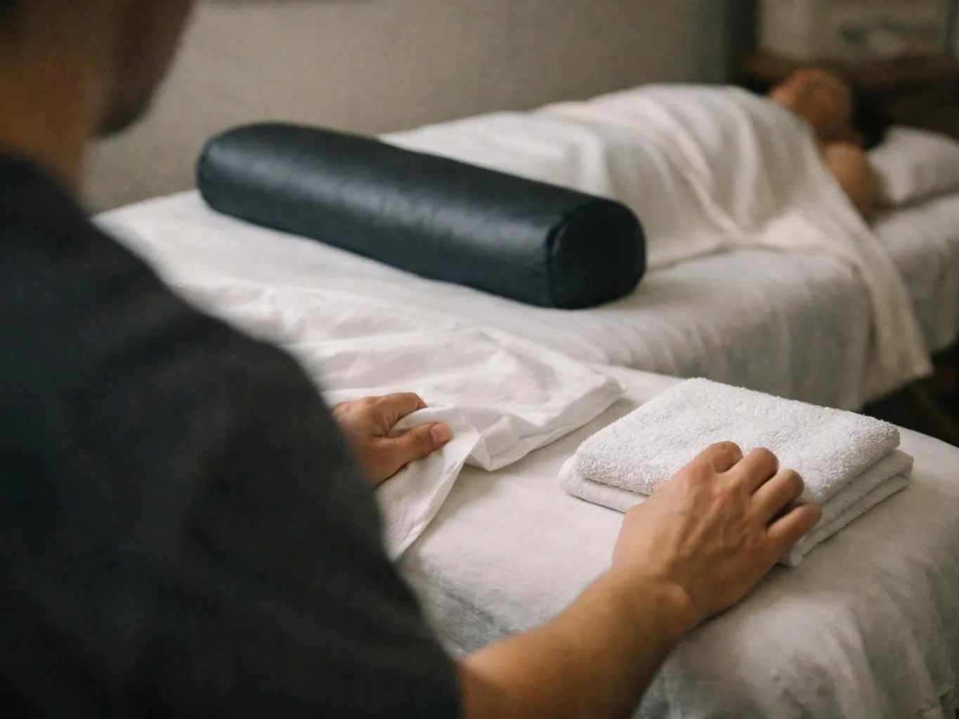 A person arranges towels beside a covered massage bed with a bolster in a calm treatment room