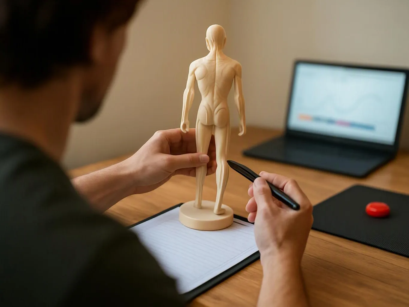 A person examines a wooden human figure on a desk beside a laptop and notebook