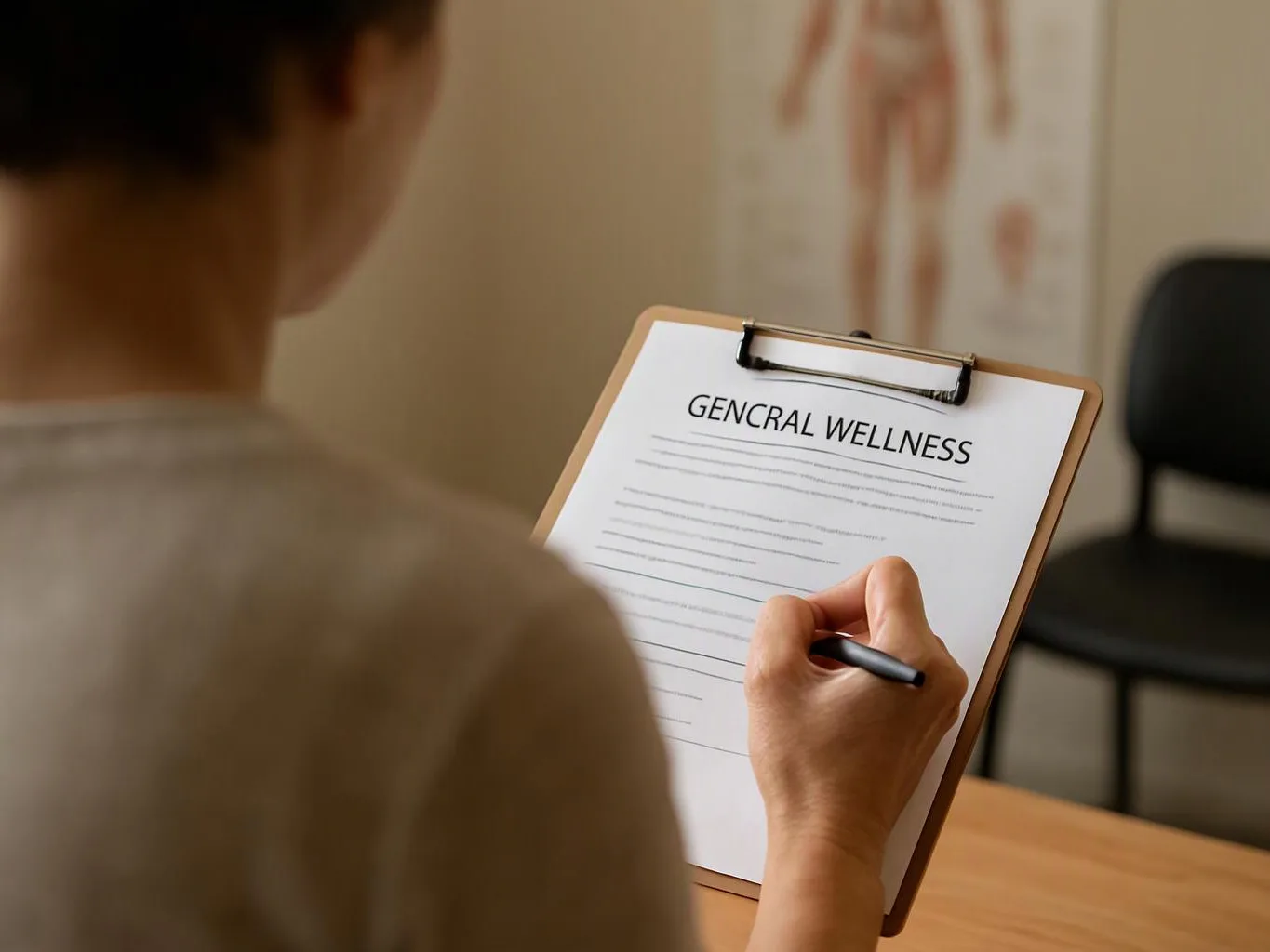 A person fills out a clipboard form titled “GENCRAL WELLNESS” in a clinical room