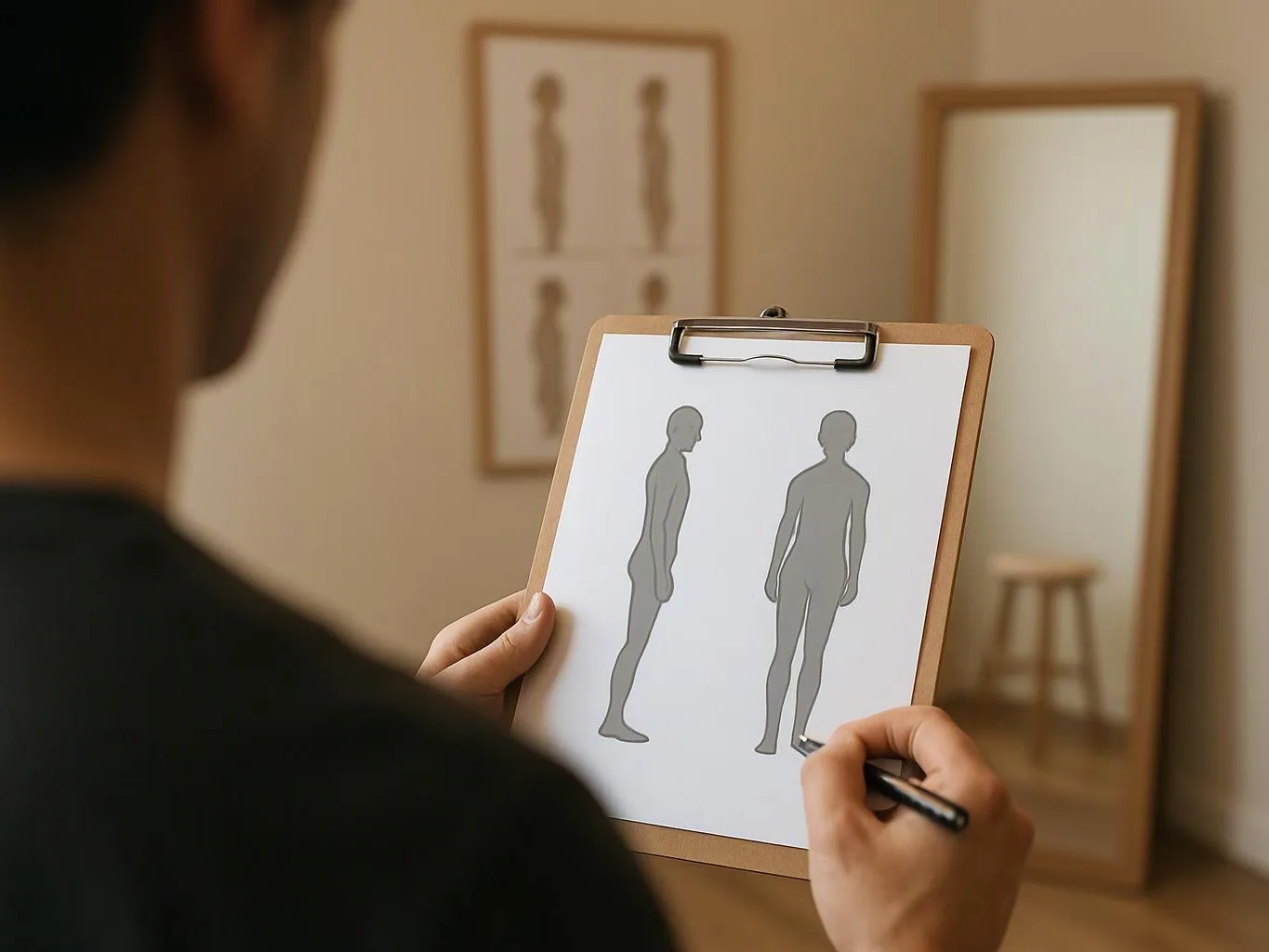 A person sketches body outlines on a clipboard in a warm room with a mirror and wall art behind them