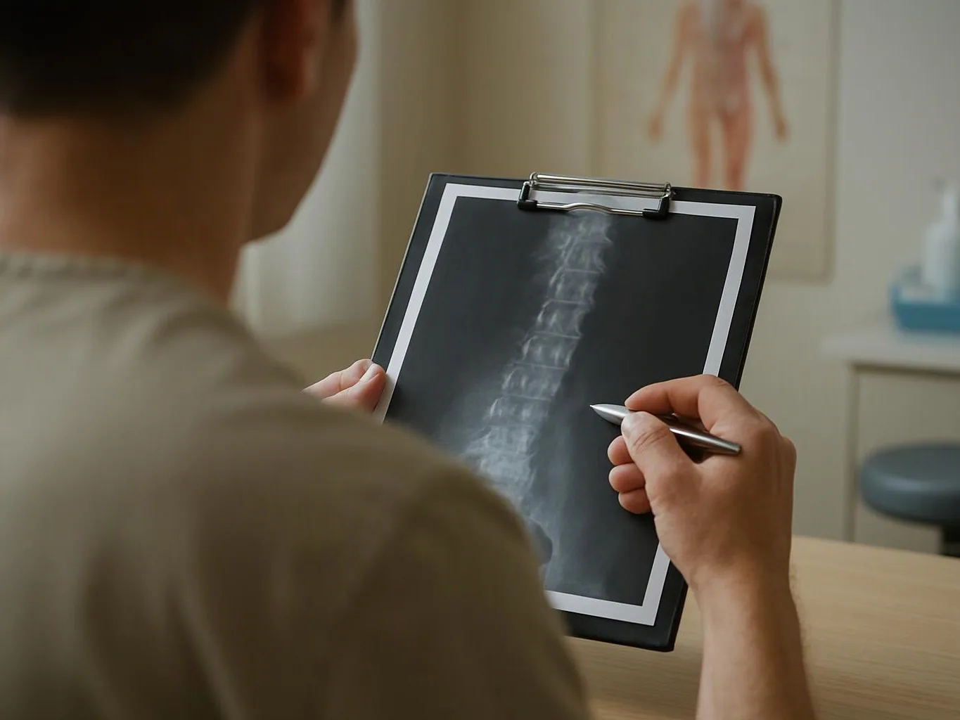 A person studies a spine X-ray on a clipboard in a clinic room