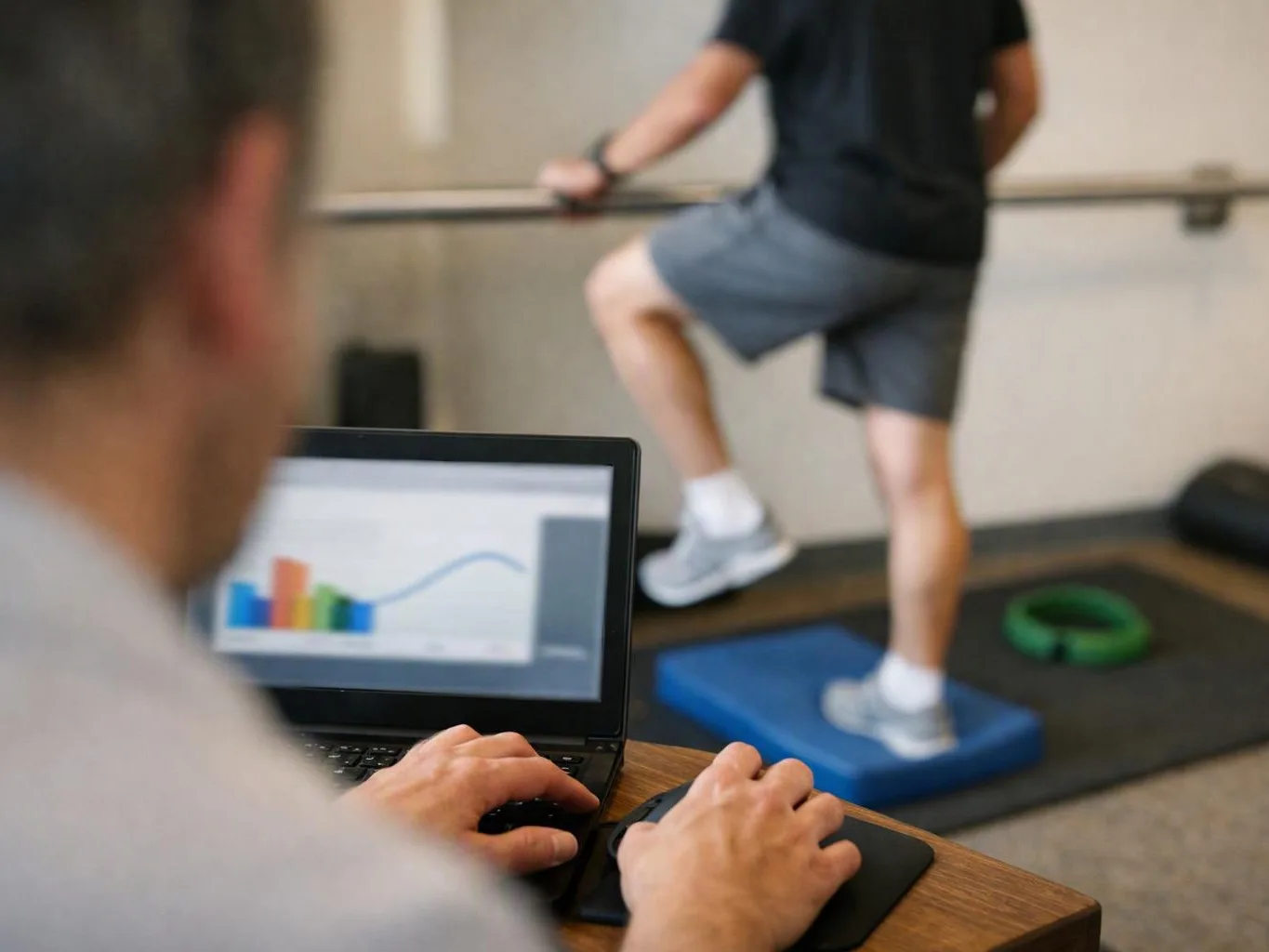 A person works on a laptop in the foreground while another exercises on a step platform in a gym room