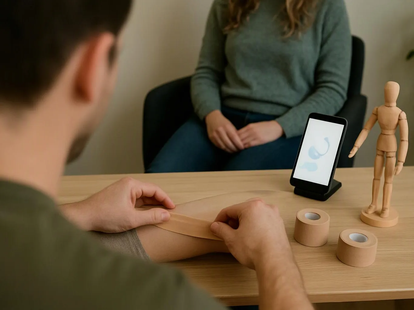A person wraps a forearm with tape while another sits nearby, with a phone and practice mannequin on a table