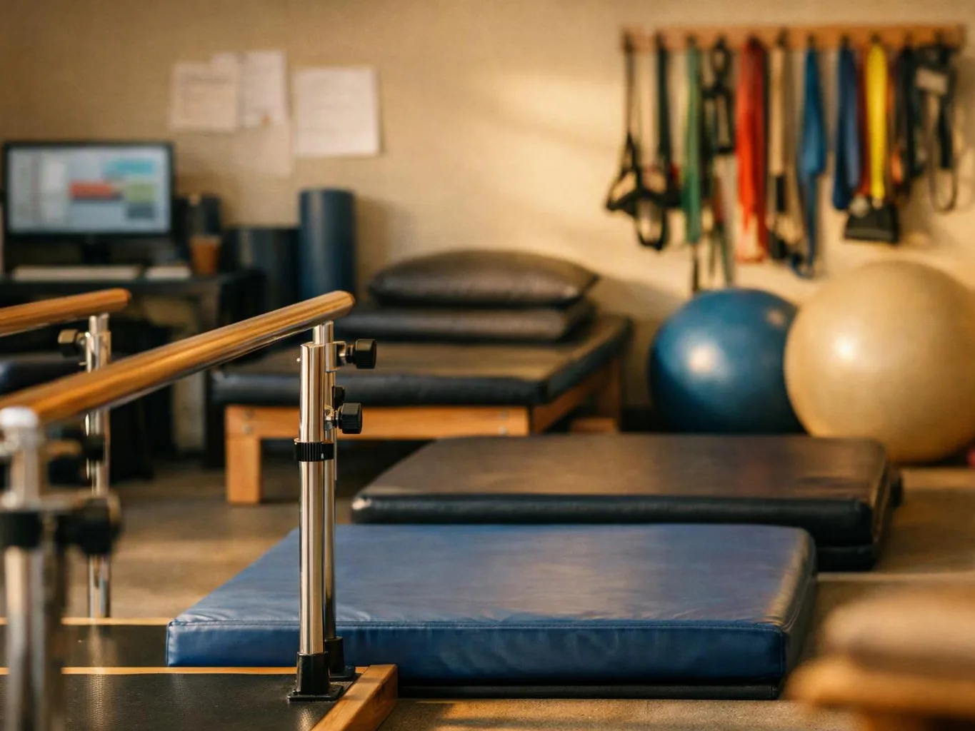 Physical therapy room with parallel bars, exercise mats, stability balls, and resistance bands on the wall