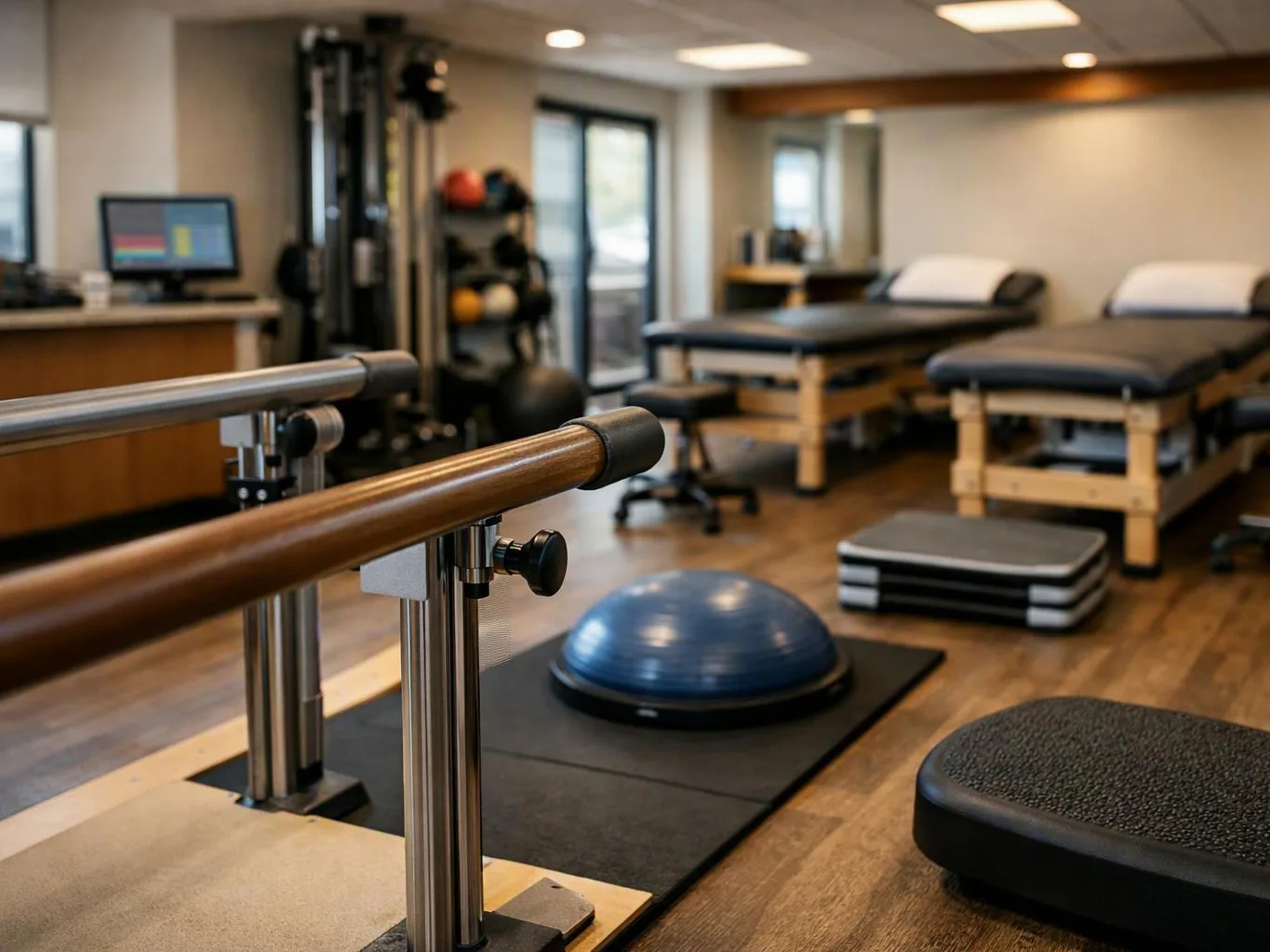 A physical therapy room shows treatment tables, exercise gear, and parallel bars on a wood floor