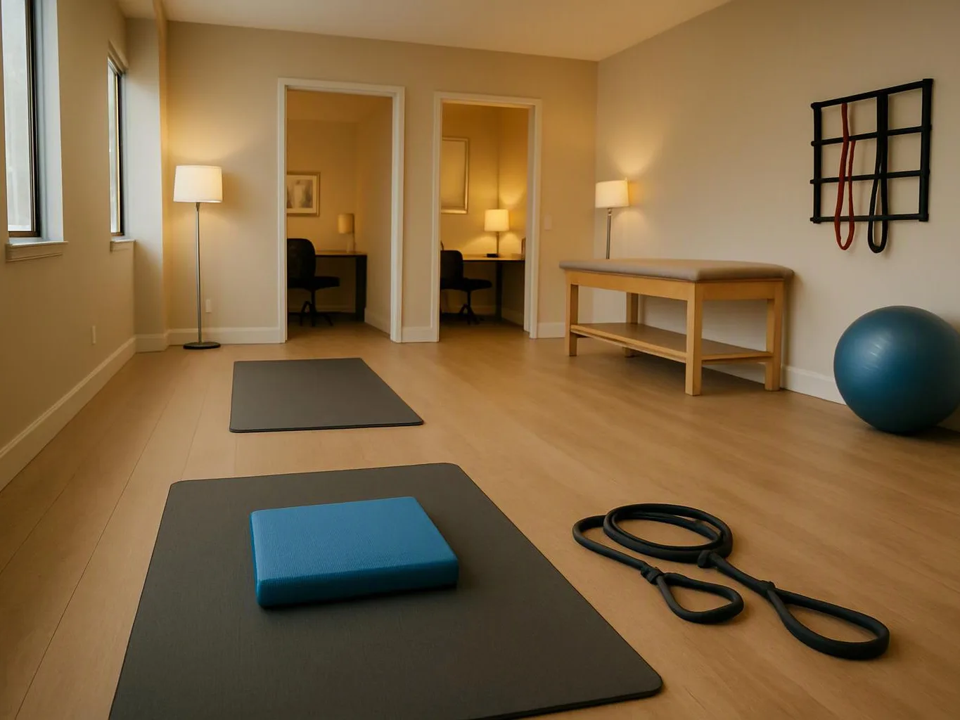 A quiet exercise room holds yoga mats, a blue block, resistance bands, a bench, lamps, and a stability ball