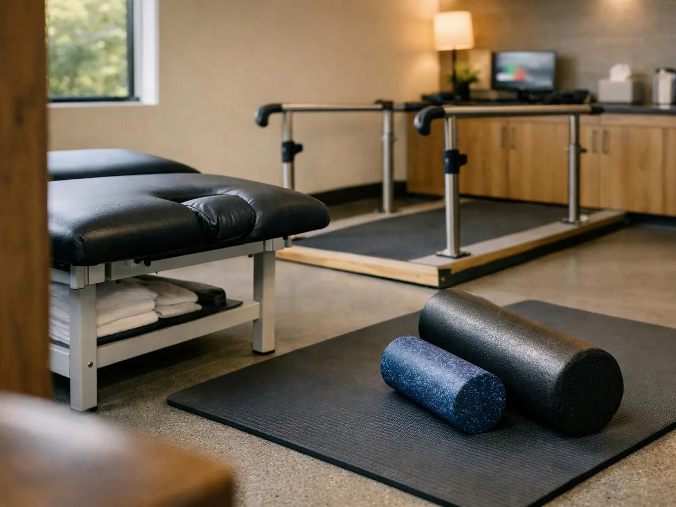 A quiet therapy room shows padded tables, exercise rails, foam rollers, and folded towels near a window