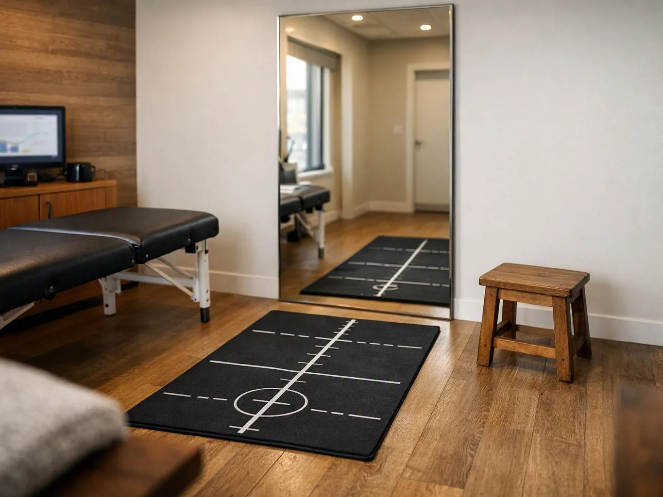 A quiet therapy room shows a treatment table, mirror, exercise mat, and a small wooden stool on hardwood floors