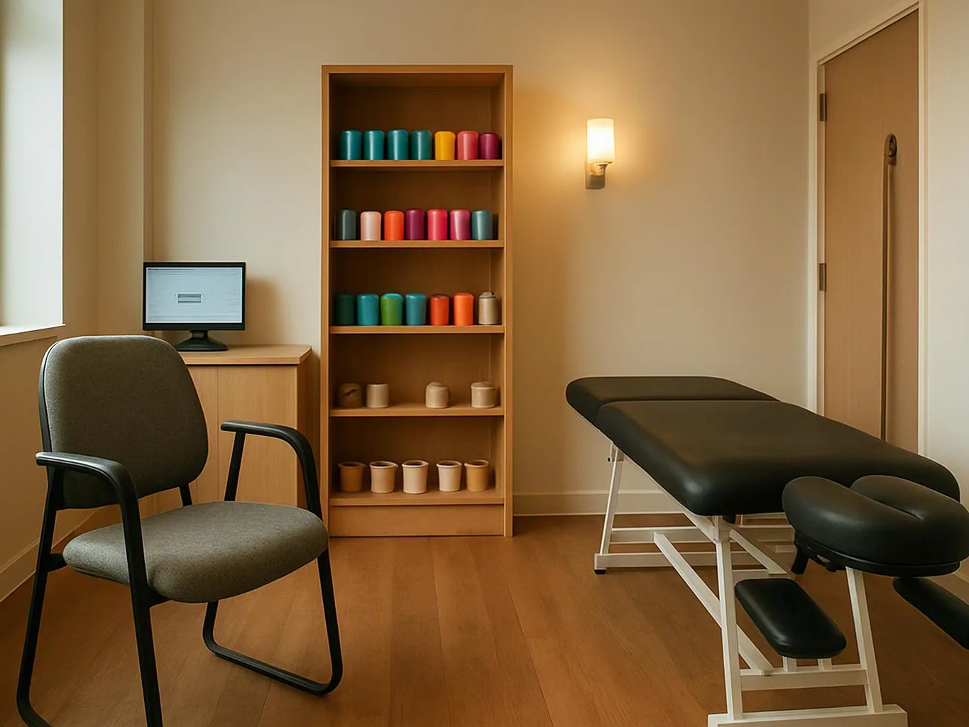 A quiet treatment room shows a massage table, an office chair, a shelf of colorful cups, and a small desk with a monitor