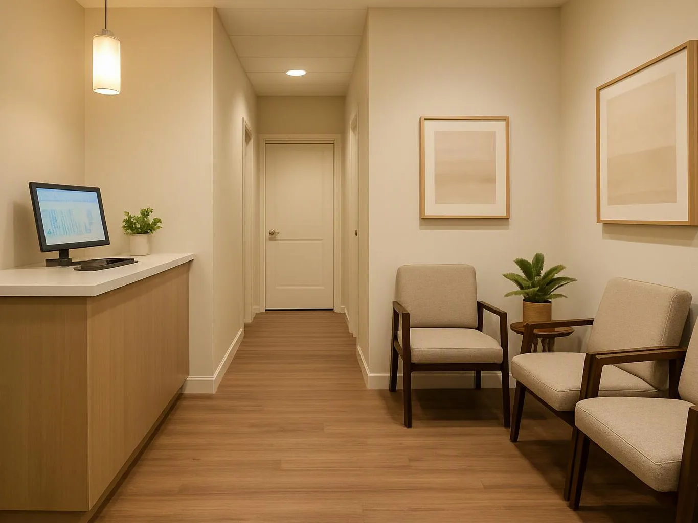 A quiet waiting area shows beige chairs, a reception counter, framed art, and a closed hallway door
