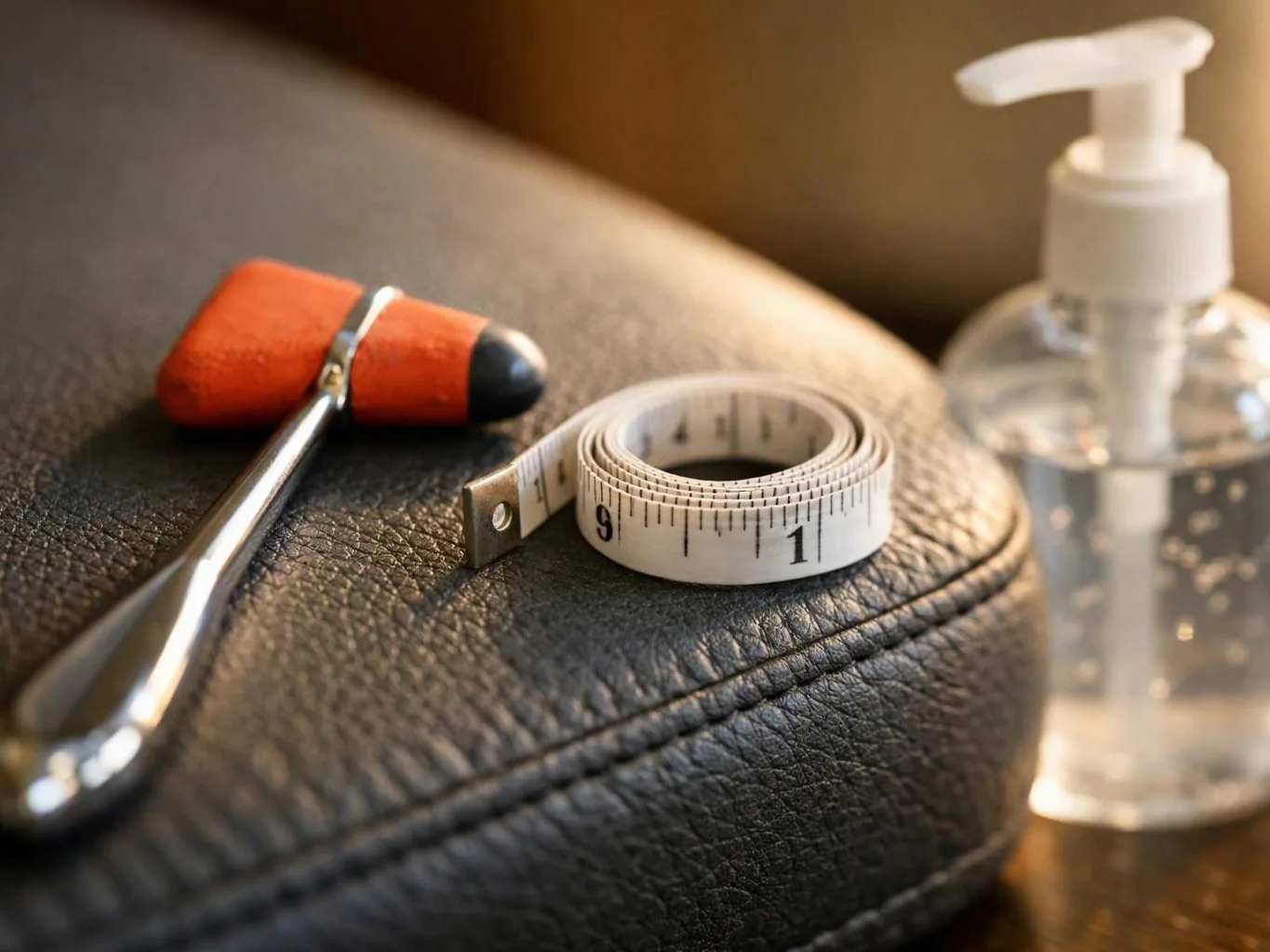 A reflex hammer, measuring tape, and hand sanitizer sit on a black leather chair