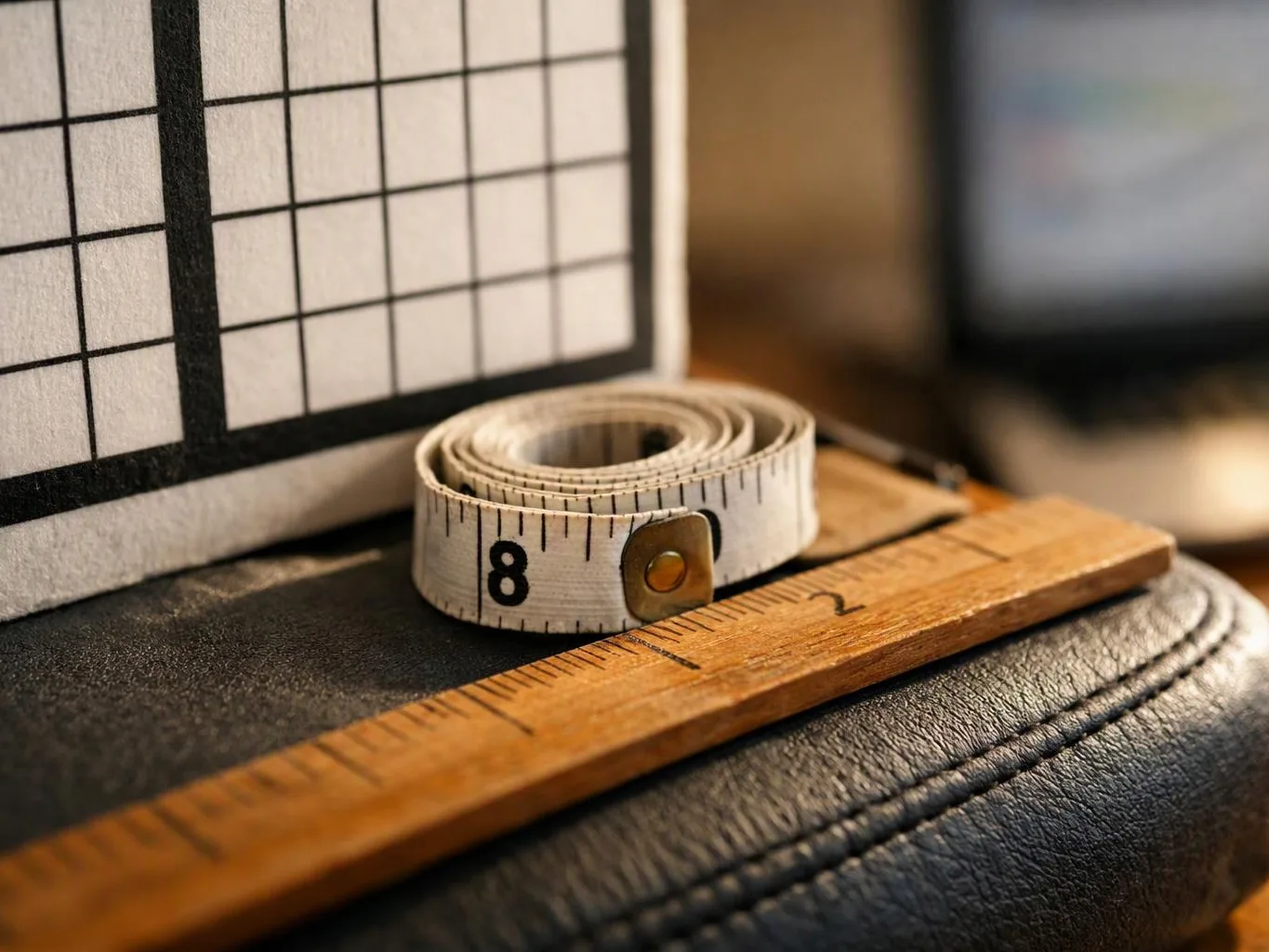 A rolled measuring tape sits on a wooden ruler beside a grid board on a leather surface