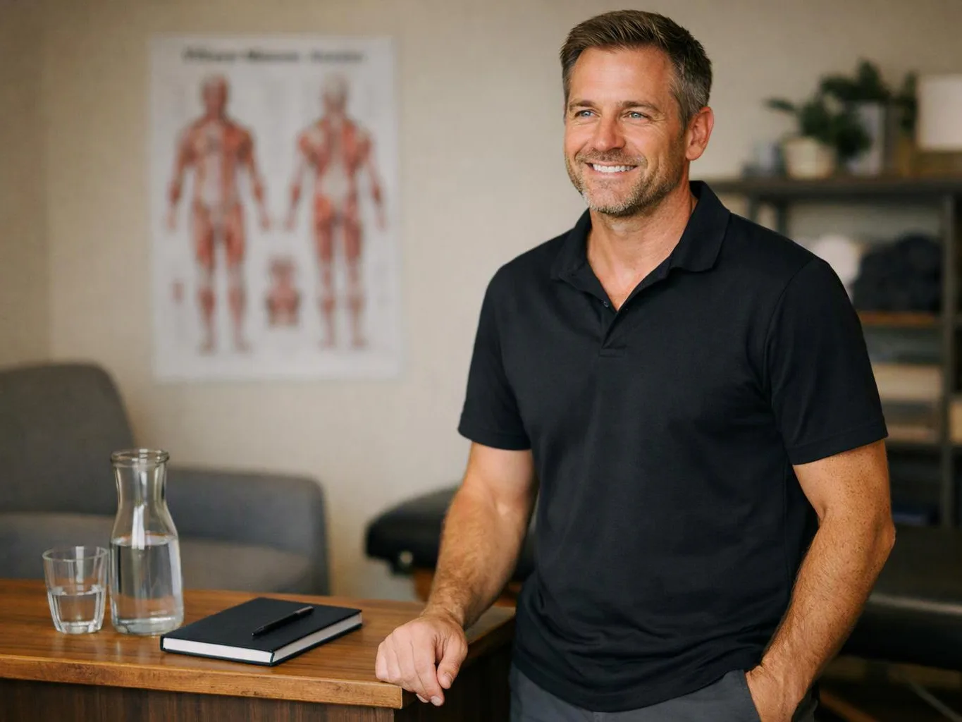 Smiling man in a black polo stands beside a table with a water carafe and notebook in a clinic room