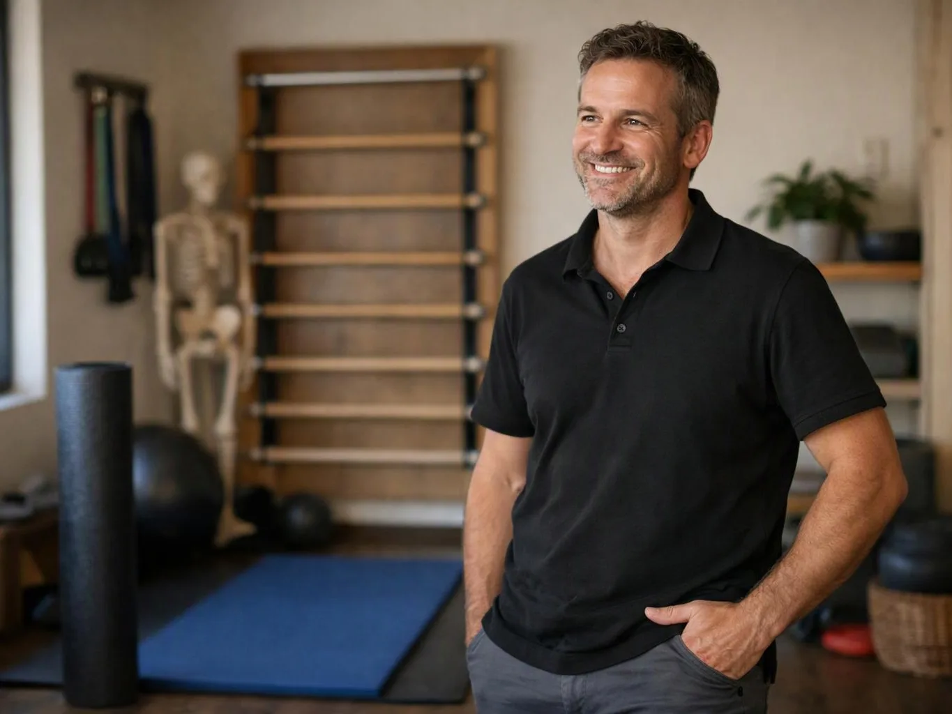 A smiling man in a black polo stands in a gym with exercise equipment and a blue mat behind him