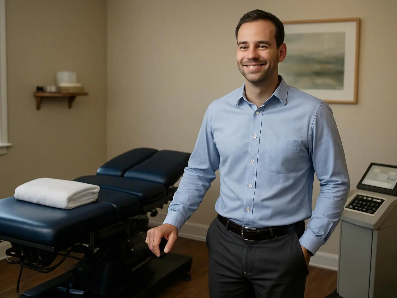 A smiling man in a blue shirt stands beside a padded treatment table in a small exam room