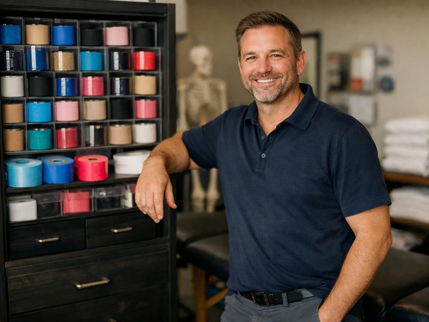 A smiling man in a navy polo leans on a cabinet filled with colorful thread spools in a workshop