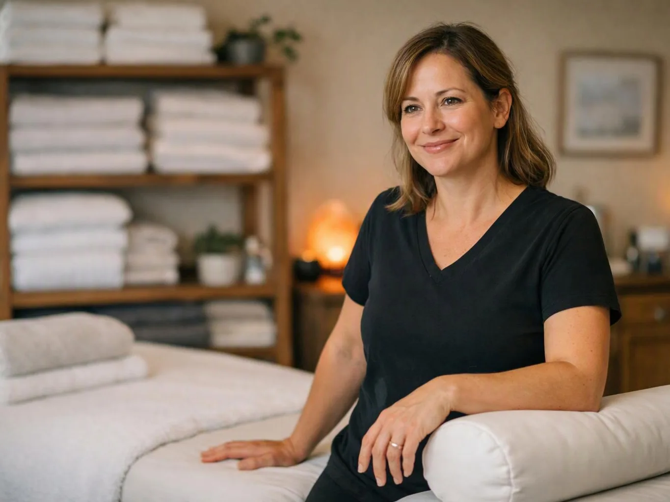 A smiling woman in a black shirt sits on a massage table in a softly lit spa room