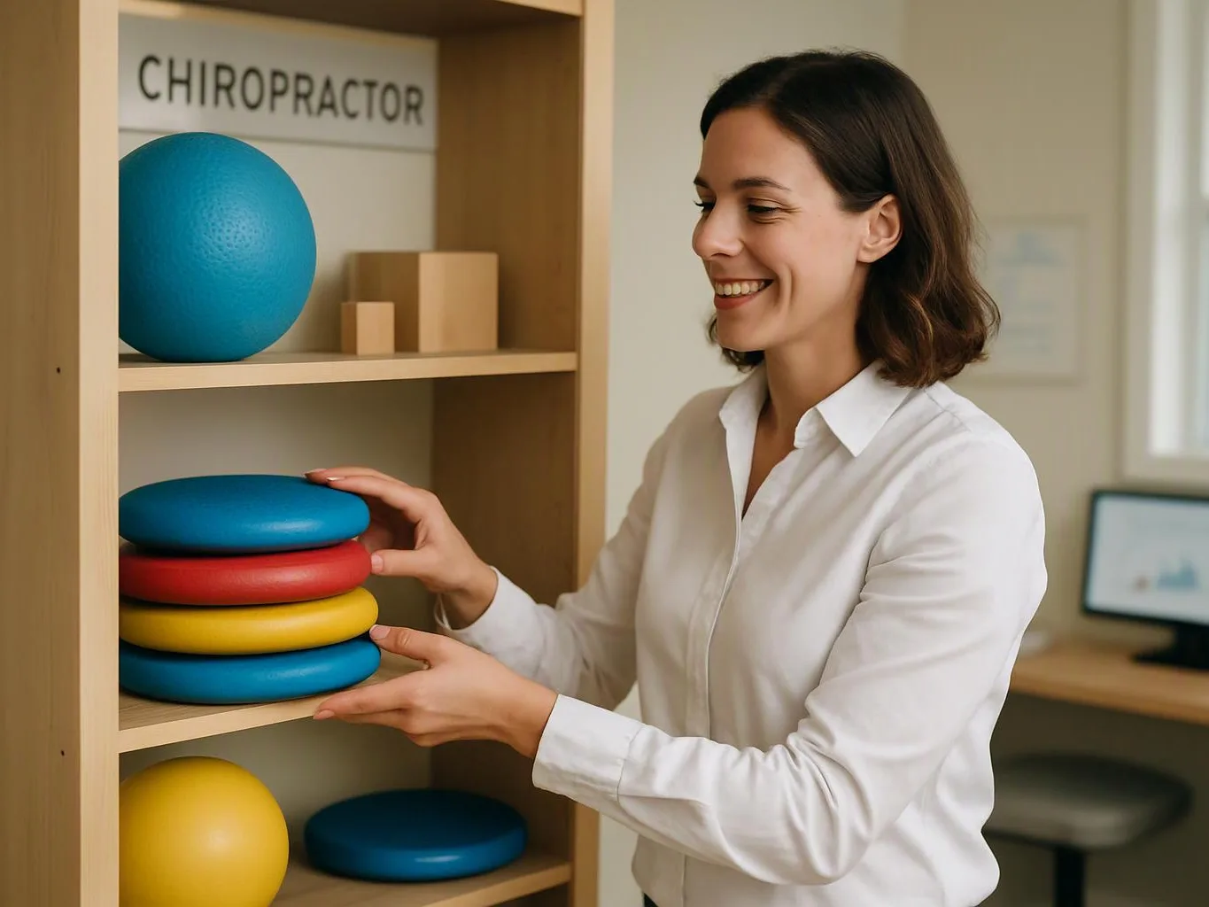 A smiling woman in a white shirt arranges colorful exercise disks on a shelf in a chiropractic office