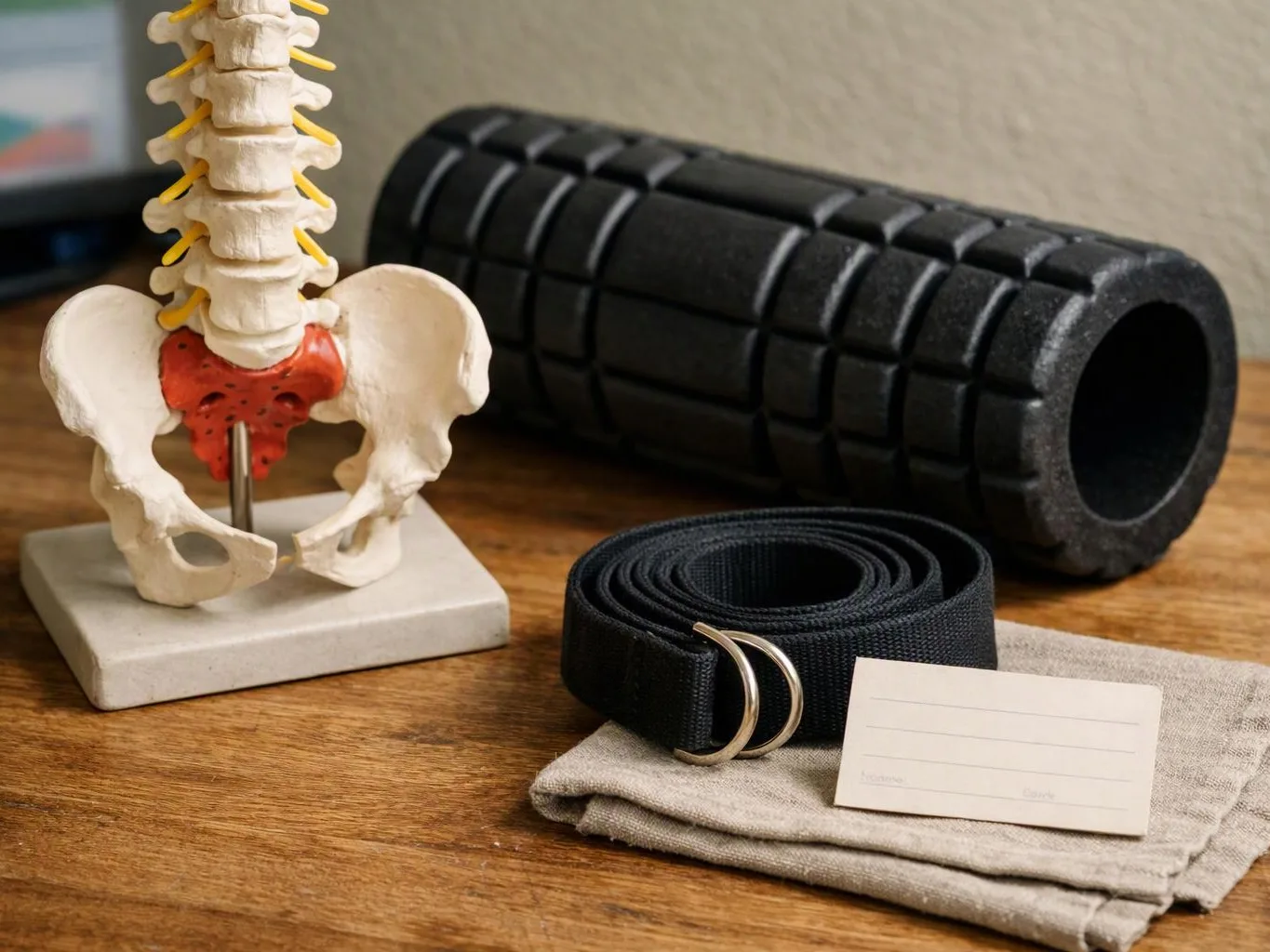 A spine model sits beside a black foam roller, with a rolled strap and folded cloth on a wooden table