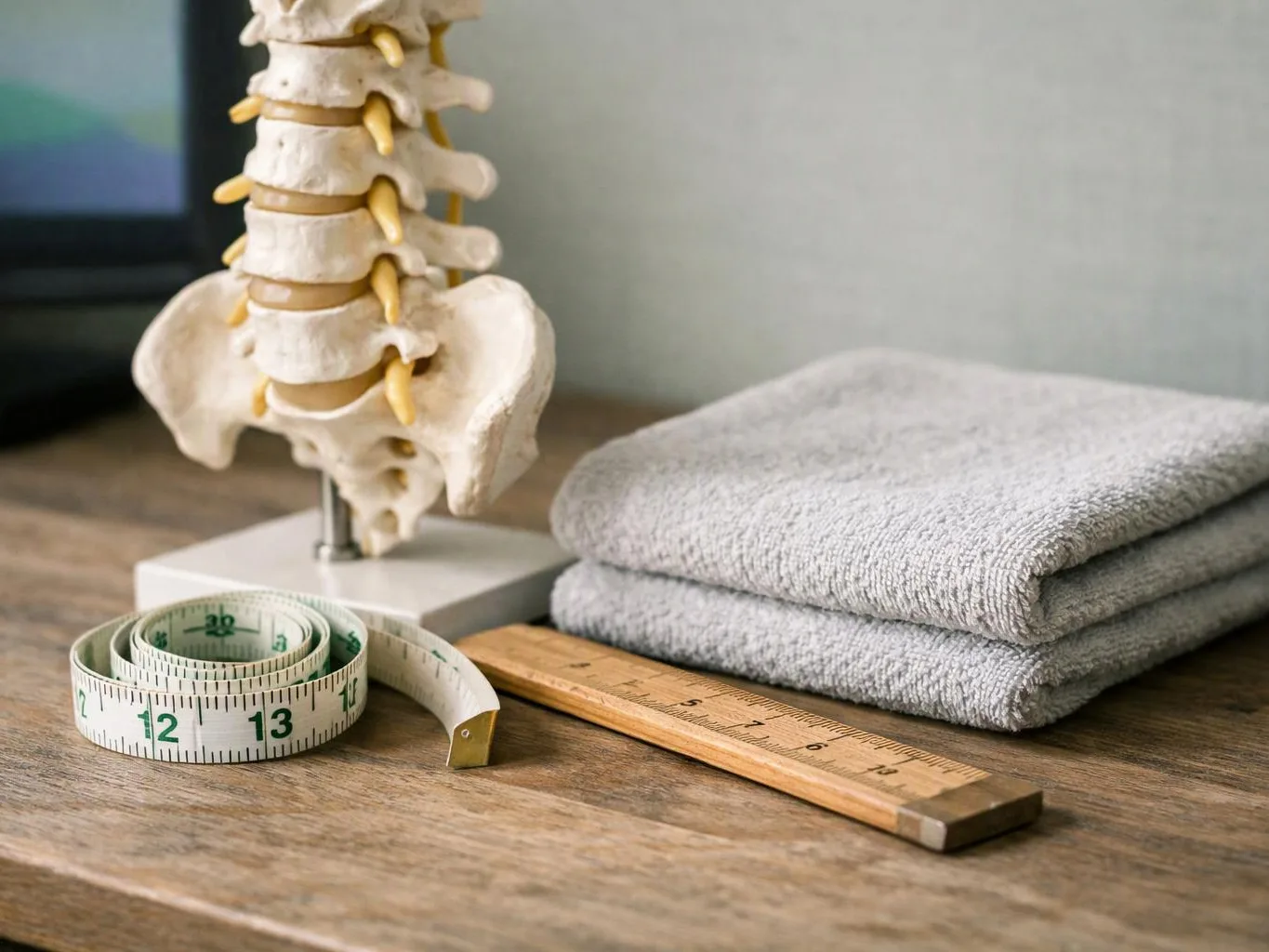 A spine model sits beside folded towels, a tape measure, and a wooden ruler on a table
