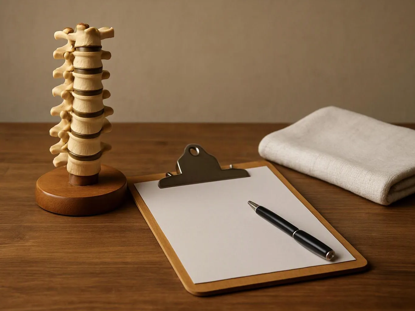 A spine model stands beside a clipboard, pen, and folded towel on a wooden table