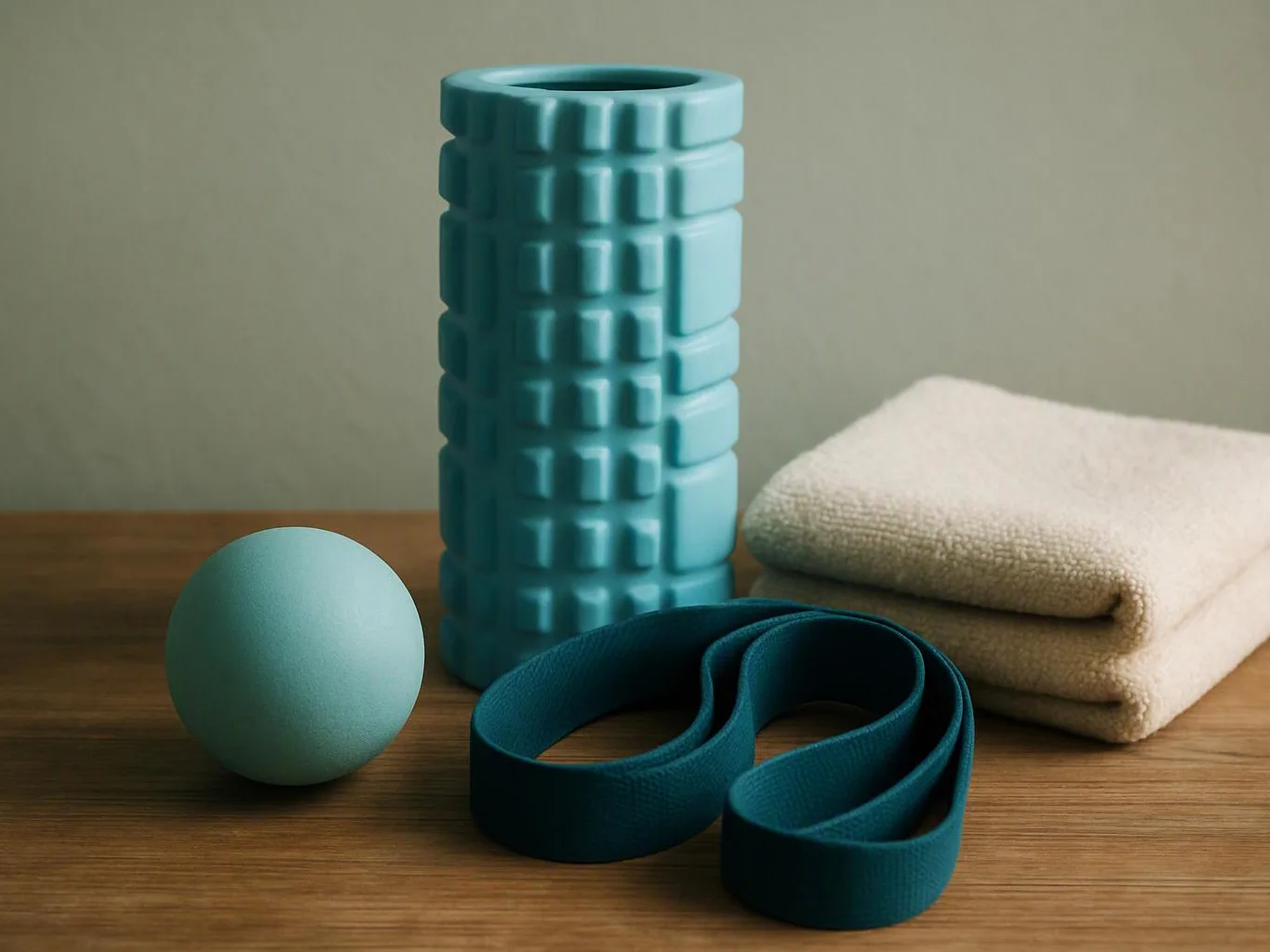 A teal foam roller, massage ball, resistance band, and folded towel sit on a wooden table
