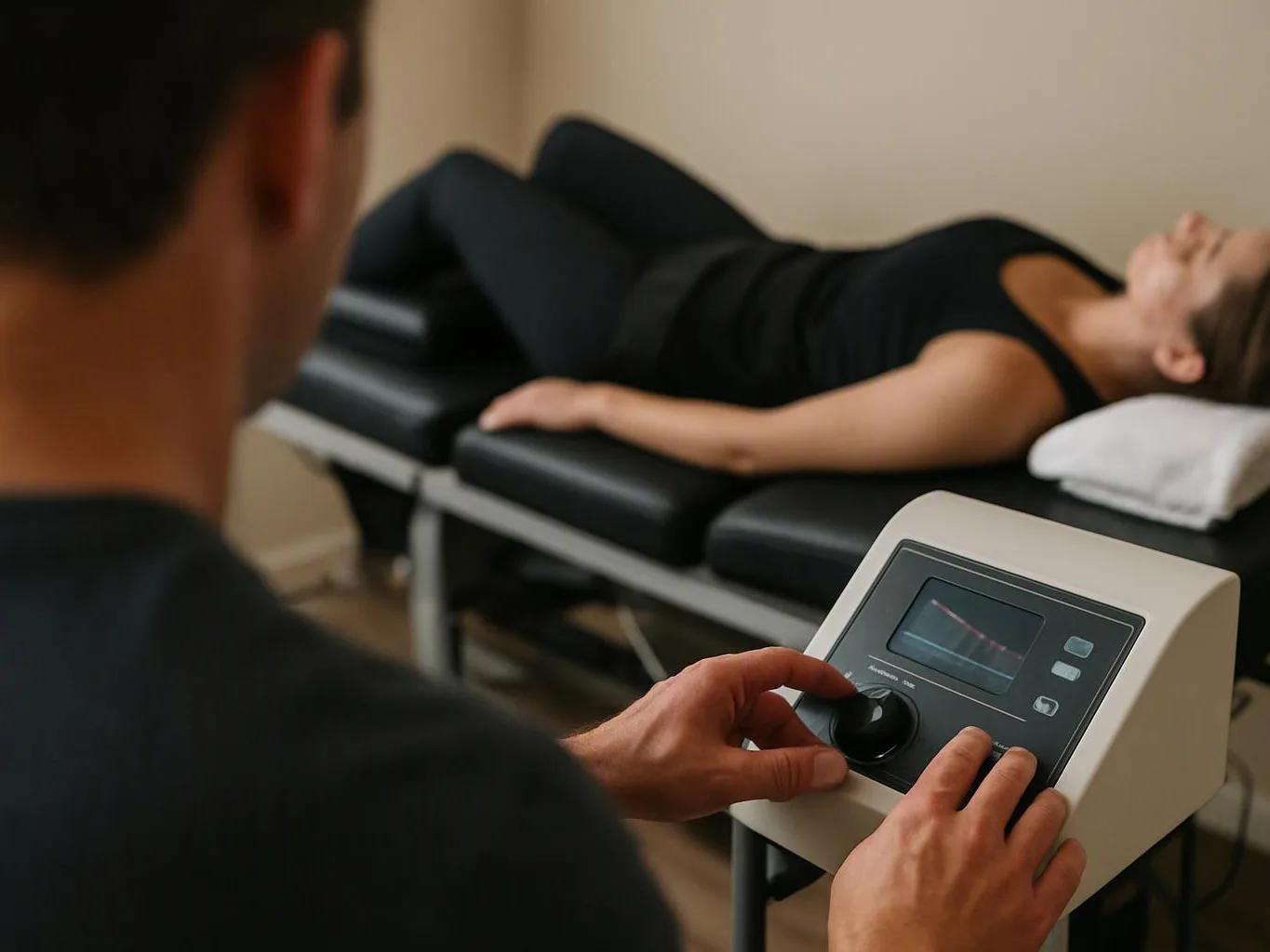 A therapist adjusts a treatment machine while a woman lies on a padded table in a clinic room