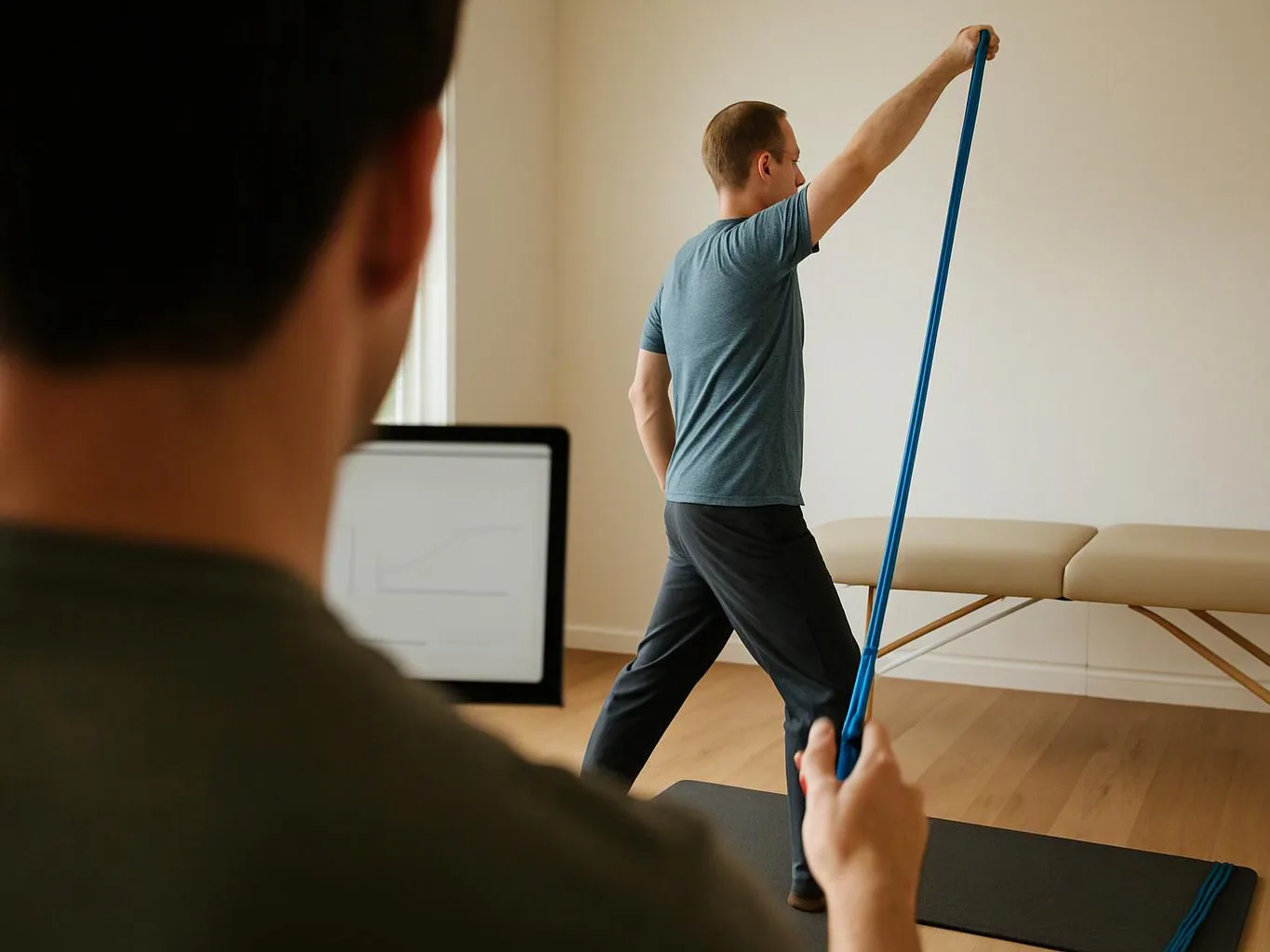 A therapist watches a man stretch with a blue resistance band in a treatment room