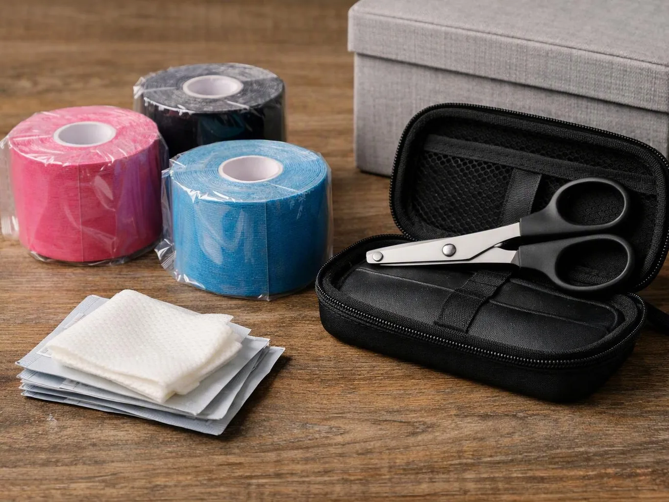 Three rolls of colored tape, folded wipes, and scissors sit on a wooden table beside a gray box