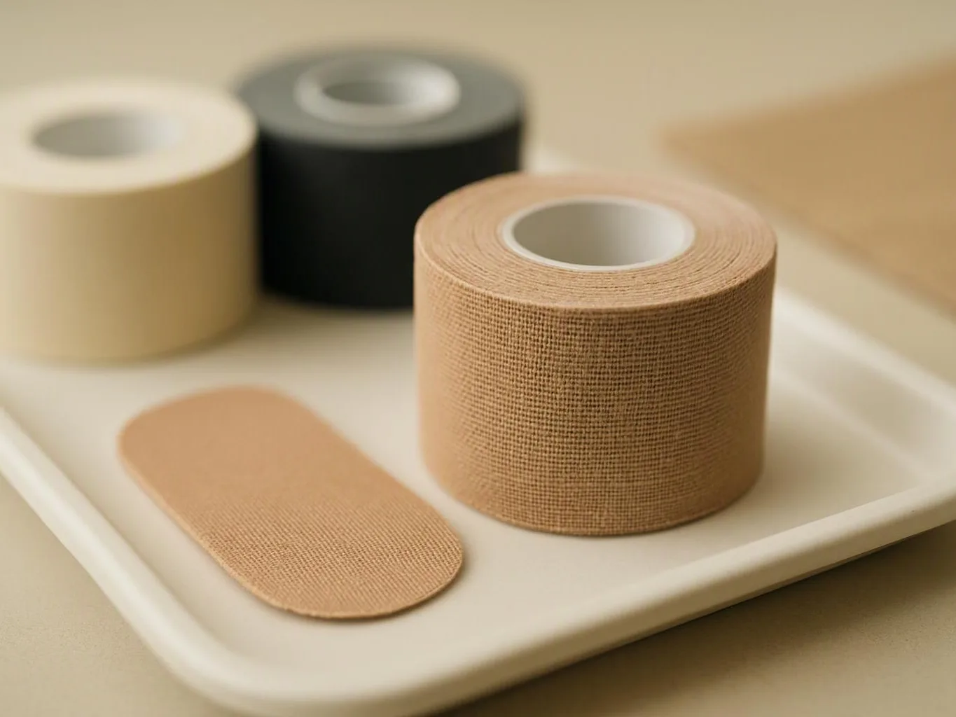 Three rolls of medical tape and a strip rest on a white tray against a soft beige background
